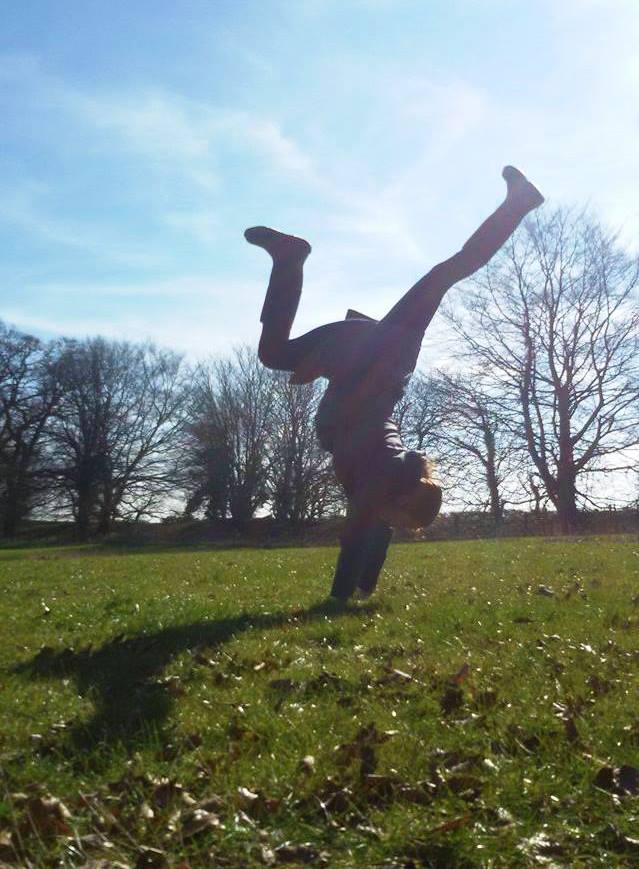 A handstand in wellies during a winter walk whilst volunteering at a Buddhist Meditation Centre.