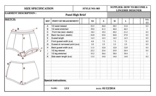 How To Write A Size Specification Sheet For Lingerie Van Jonsson Design