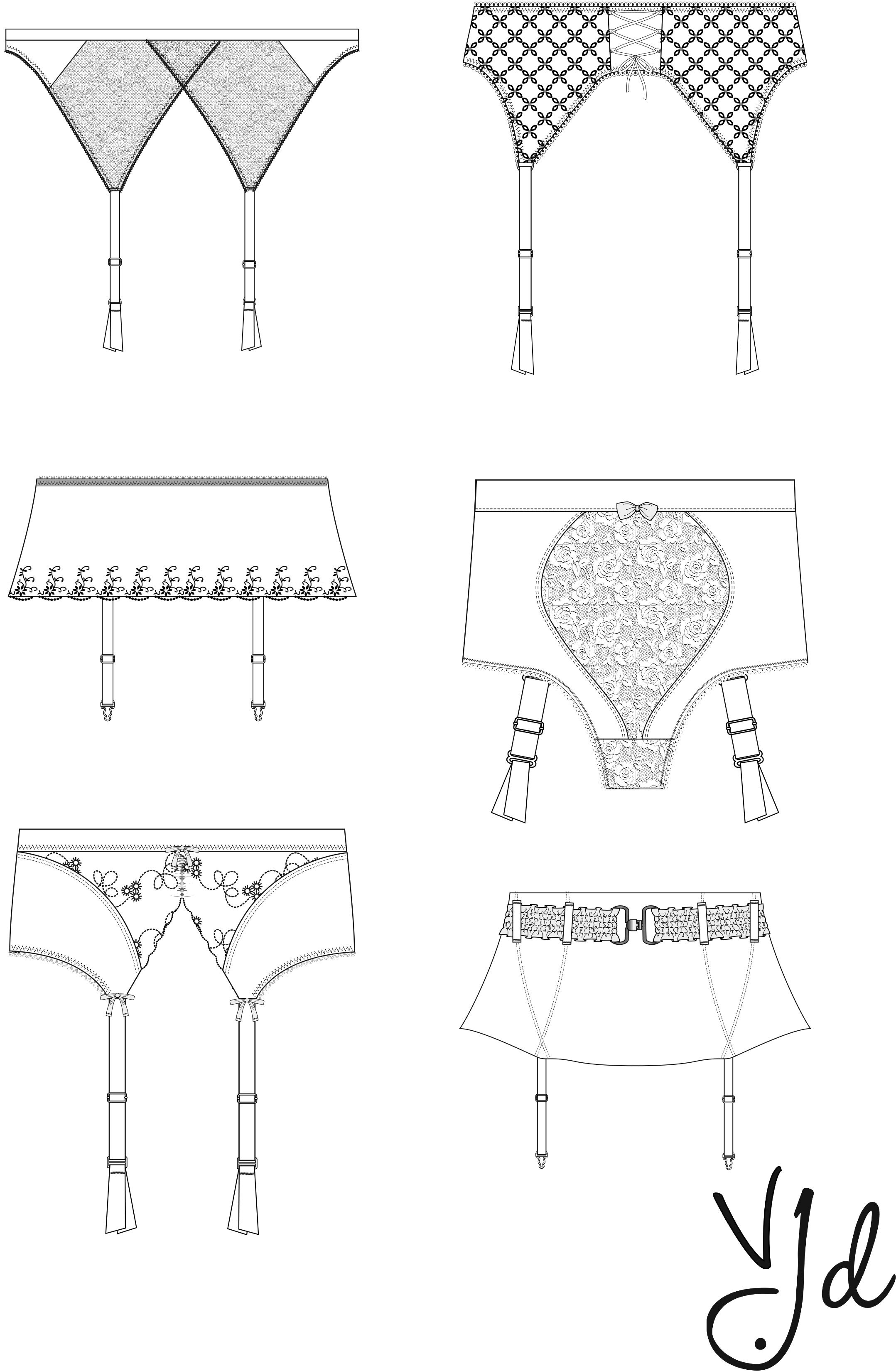 New product: six technical drawings of suspender belts — Van