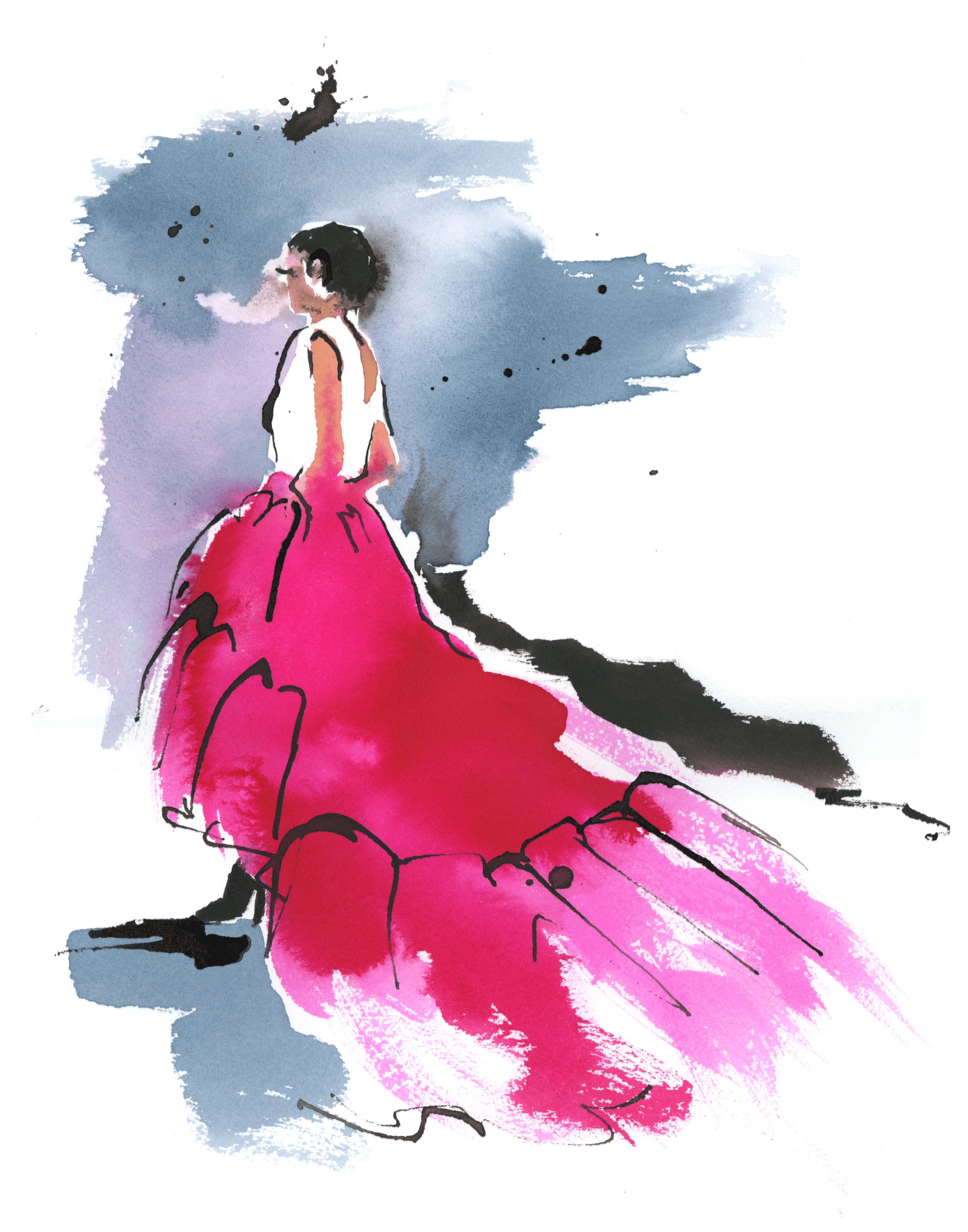 Watercolor and ink fashion illustration of a model in a dramatic pink ball gown walking the runway, by Danielle Rose Fisher — loose expressive brushwork against a grey-blue wash background