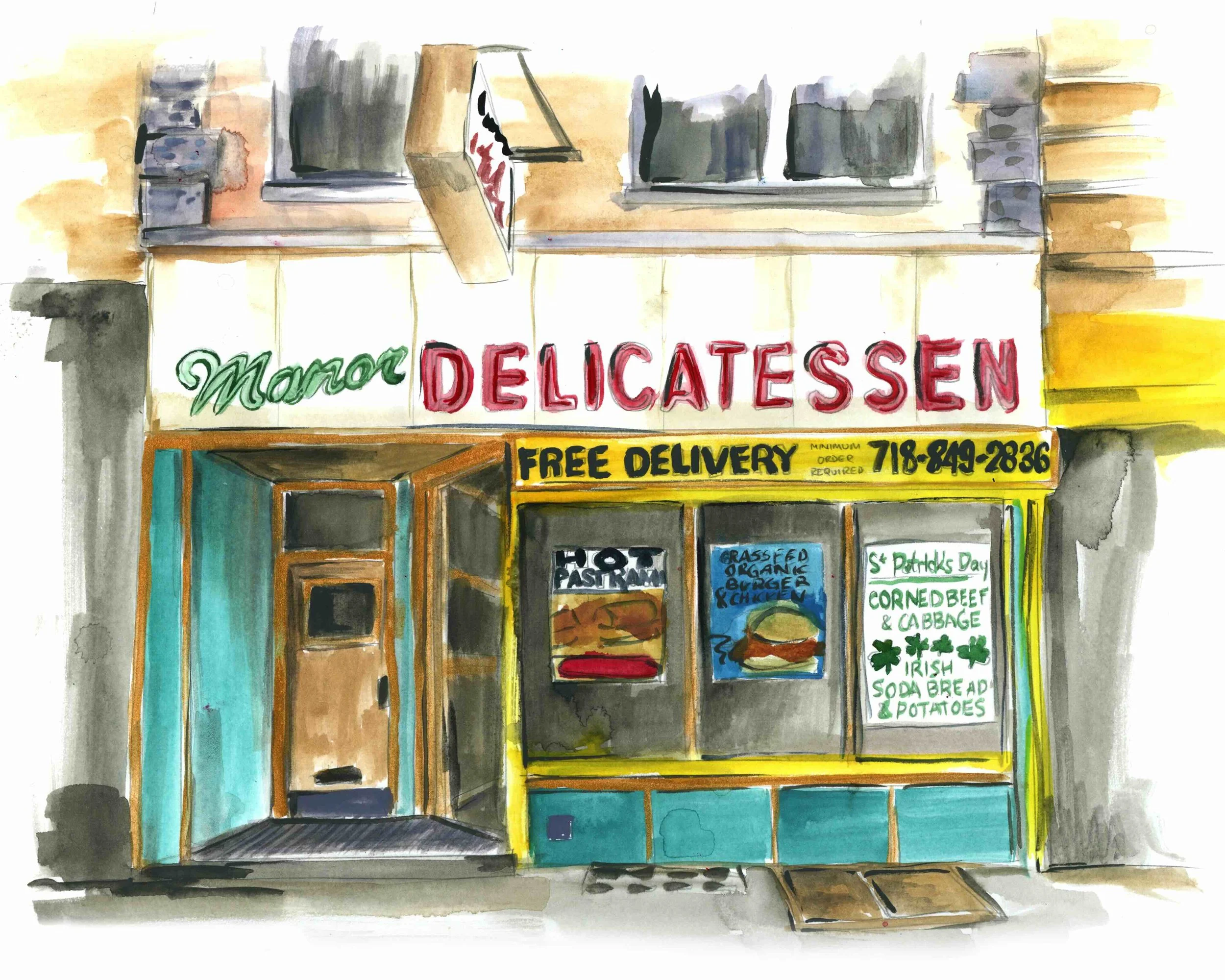 Watercolor illustration of the Manor Delicatessen storefront, with hand-lettered window signage for pastrami, burgers, and a St. Patrick's Day corned beef special, by Danielle Rose Fisher
