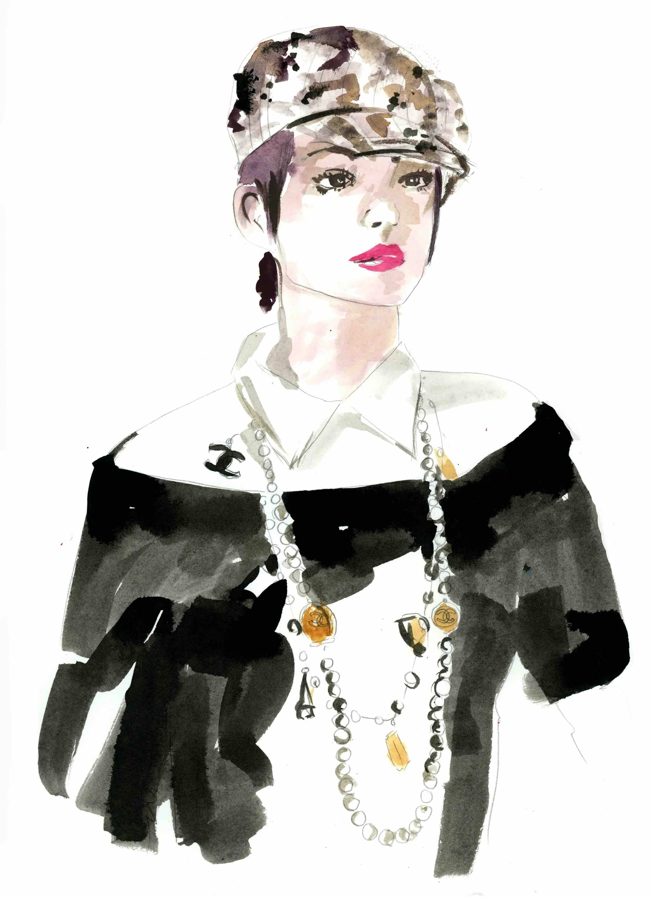 Watercolor fashion illustration of a woman in a black-and-white look with layered jewelry and a patterned cap.