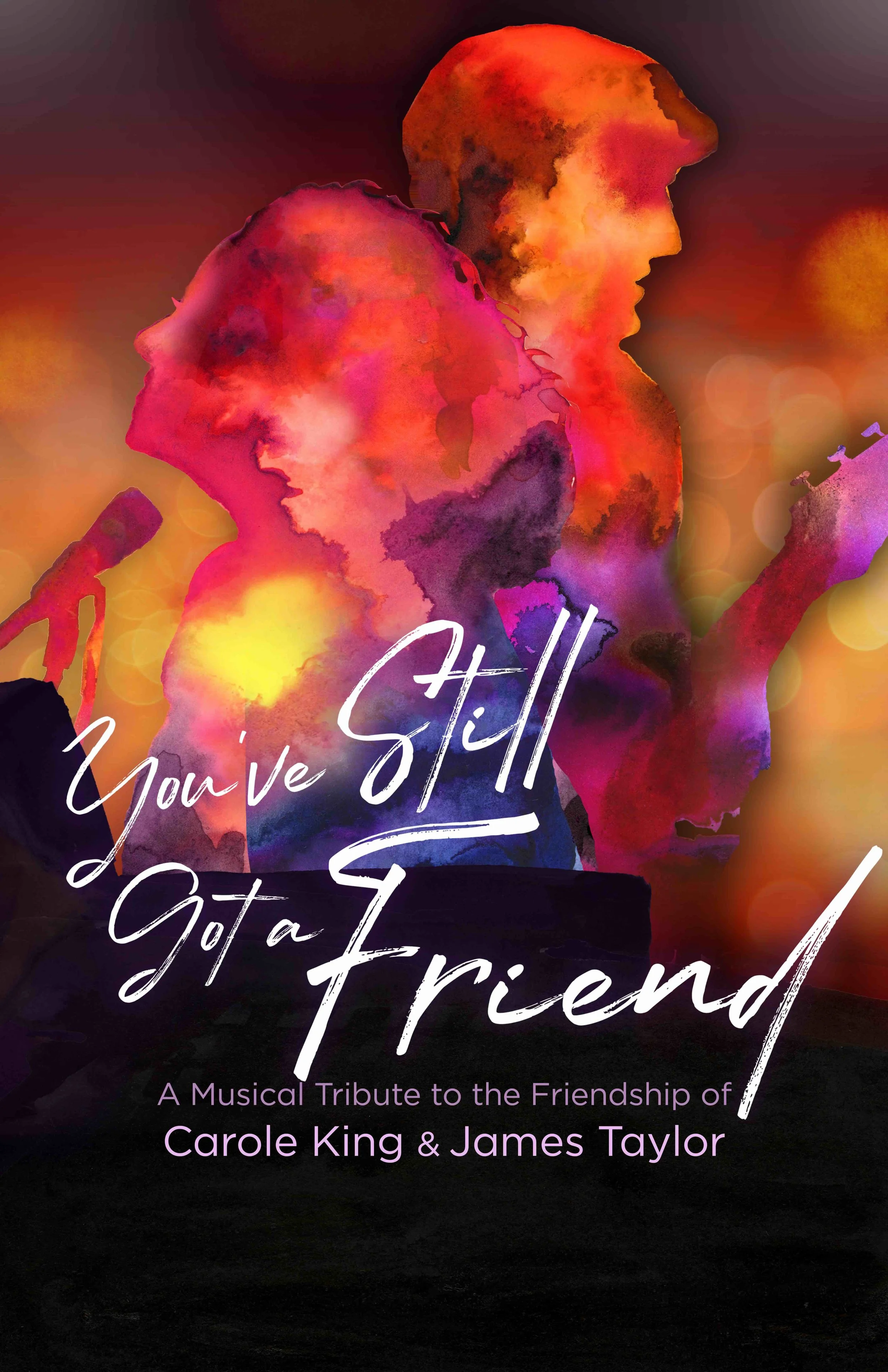 Key art poster for "You've Still Got a Friend," GFOUR Productions' world premiere at Theatre By The Sea — watercolor illustration by Danielle Rose Fisher of Carole King and James Taylor in warm sunset tones