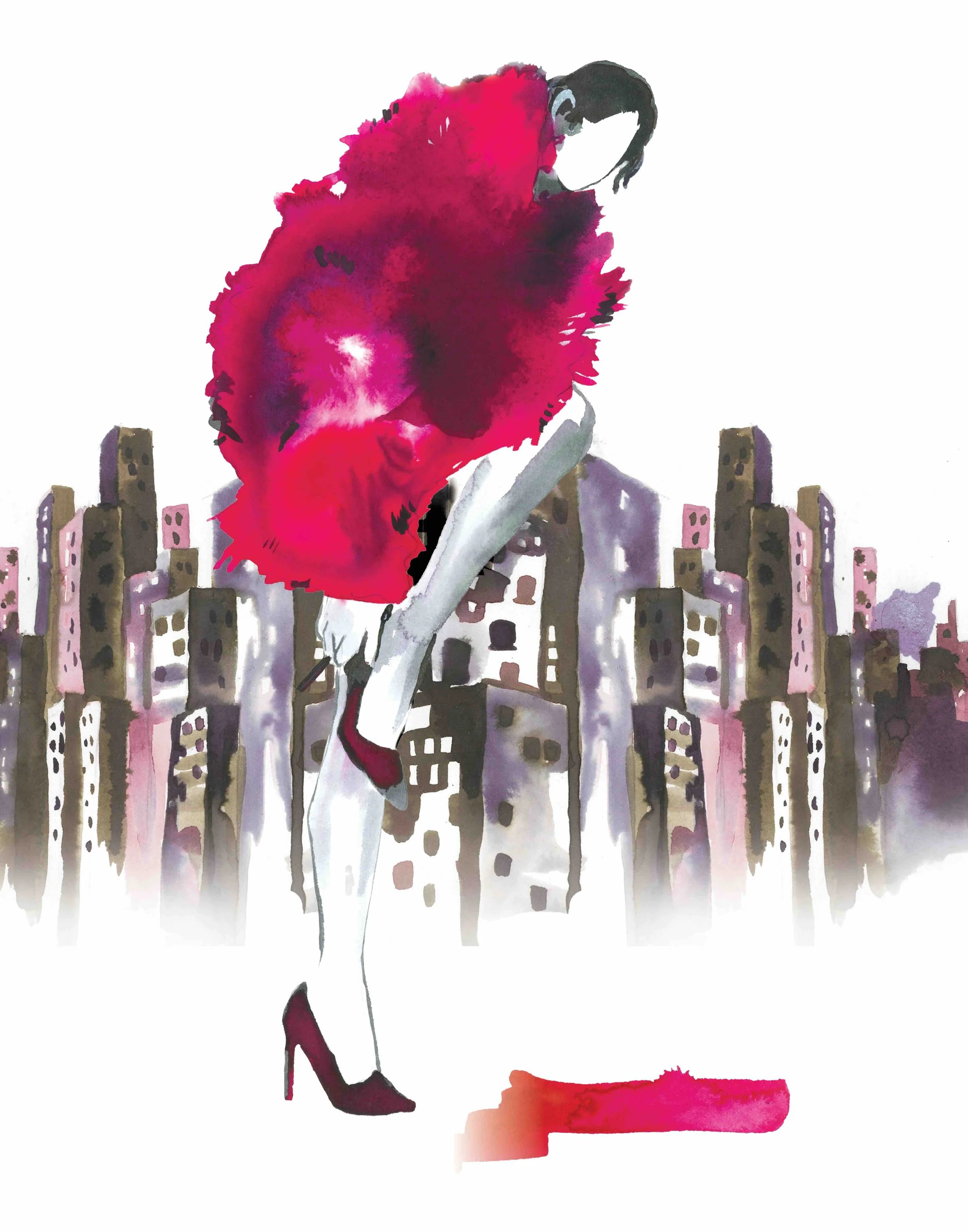Watercolor fashion illustration of a woman in a dramatic red outfit against a New York City-inspired skyline.