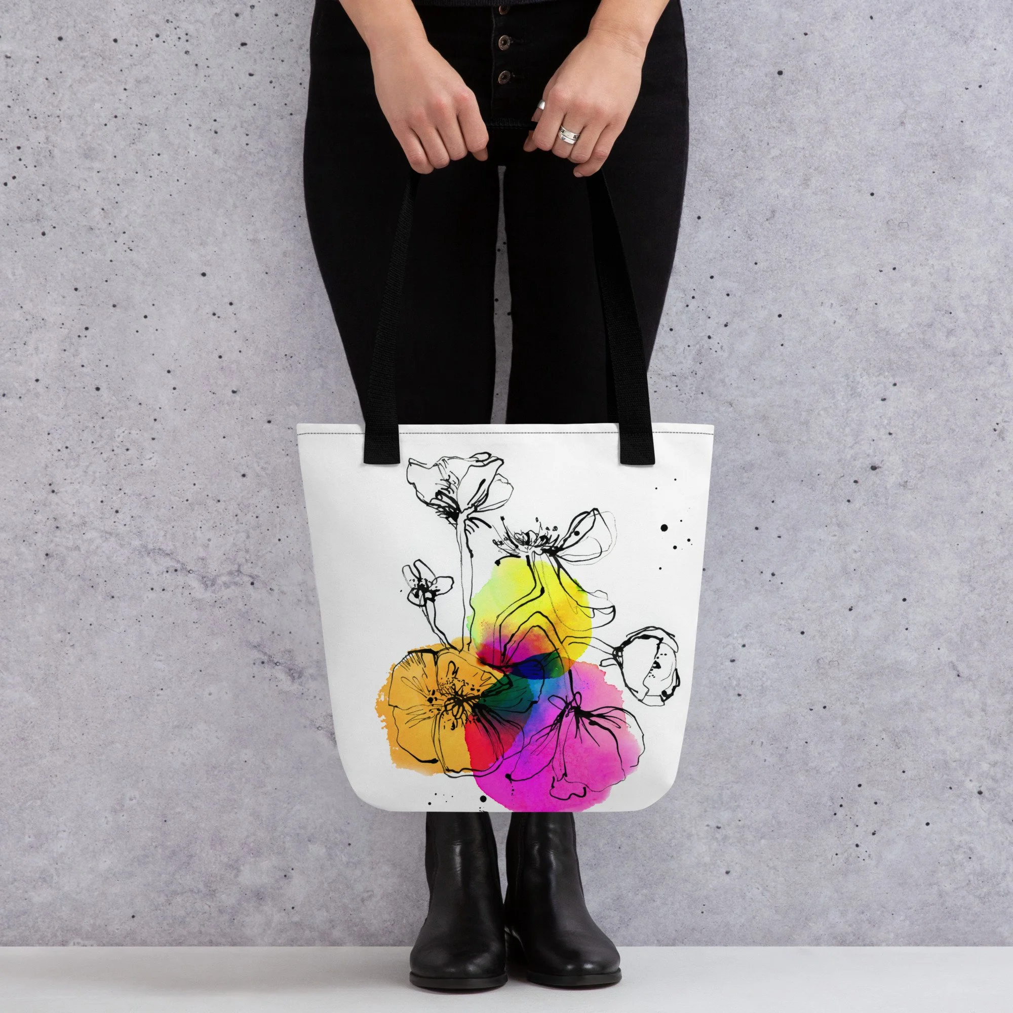 Bold floral watercolor pattern on an all-over-print tote bag — surface design by Danielle Rose Fisher NYC