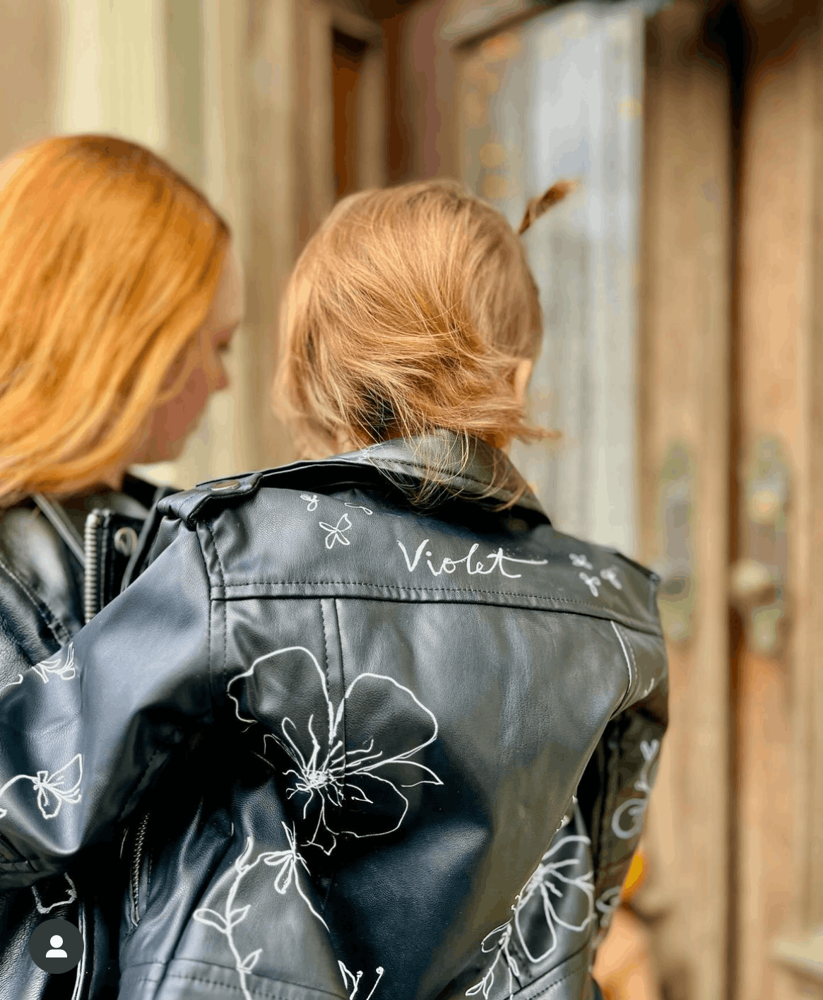 Matching mother and daughter custom hand-painted floral leather jackets — personalized wearable art by Danielle Rose Fisher