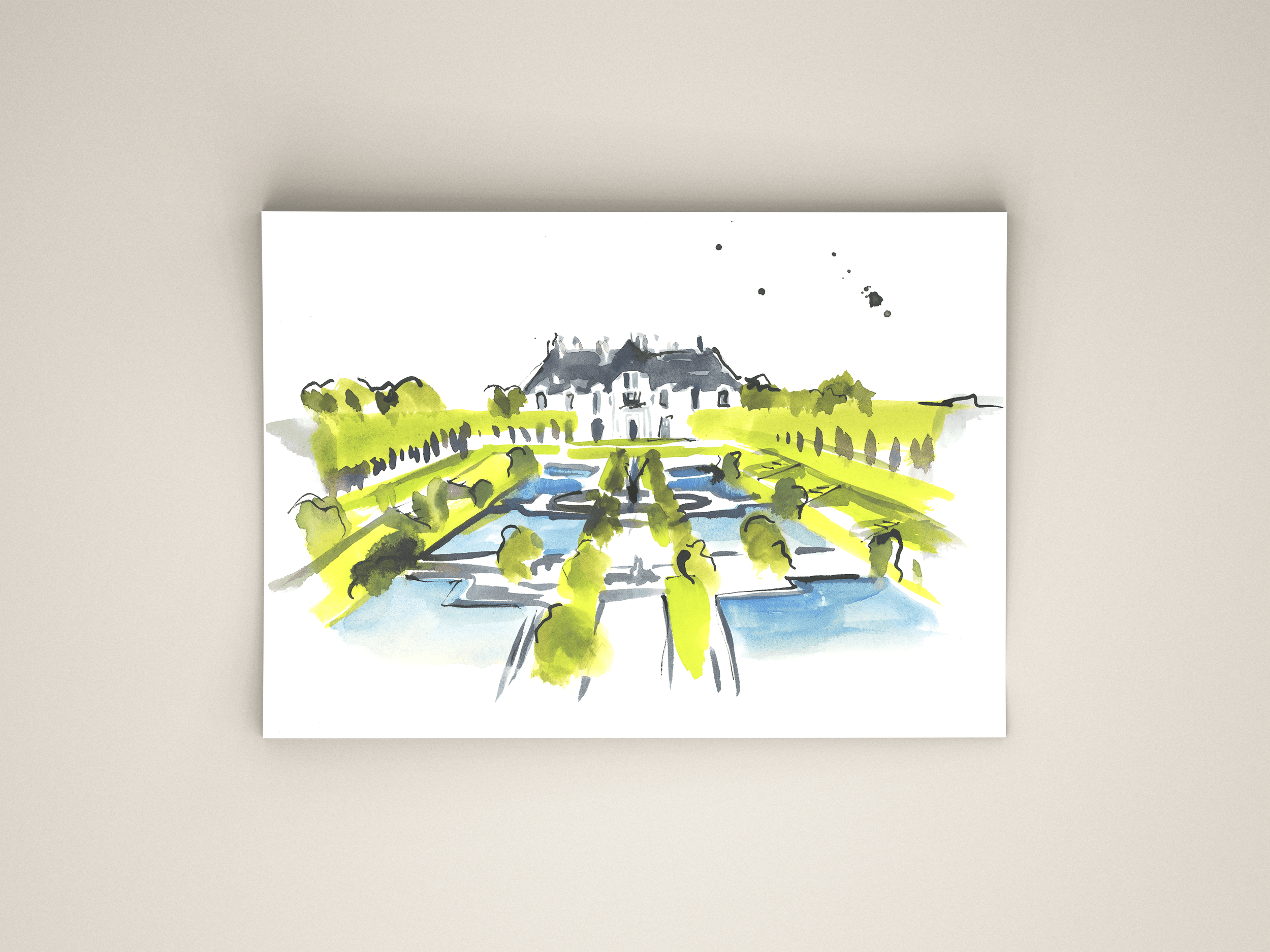 Watercolor illustration of Oheka Castle's formal gardens, with symmetrical hedges, reflecting pools, and the chateau in the distance, by Danielle Rose Fisher — shown as a fine art print