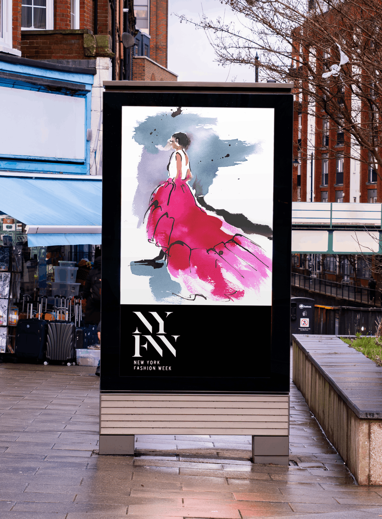 Custom hand-painted fashion illustrations a New York Fashion Week outdoor advertising mockup — brand activation illustration by Danielle Rose Fisher NYC