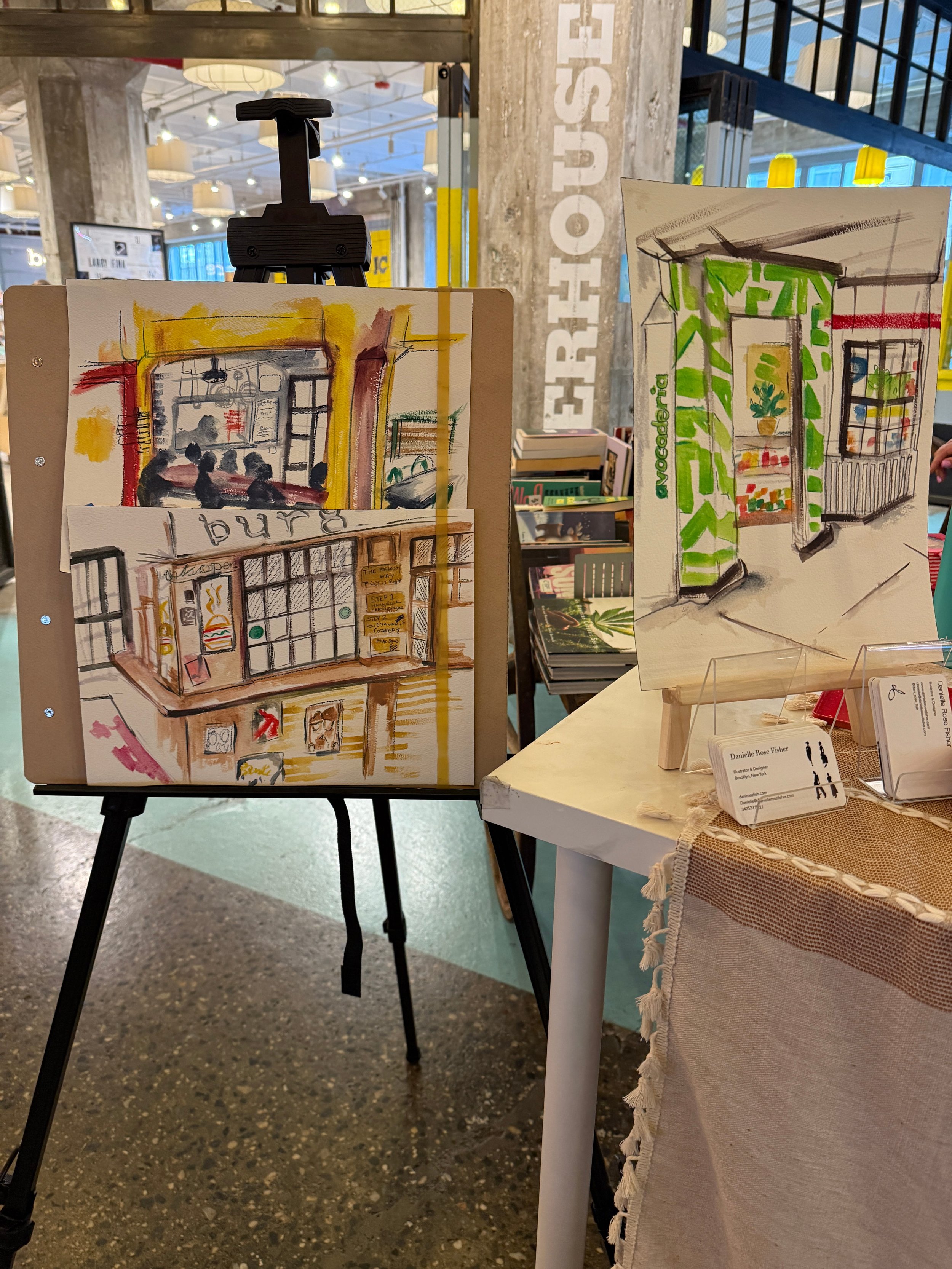 Danielle Rose Fisher's live illustration display at an Industry City brand event — NYC brand activation illustrator