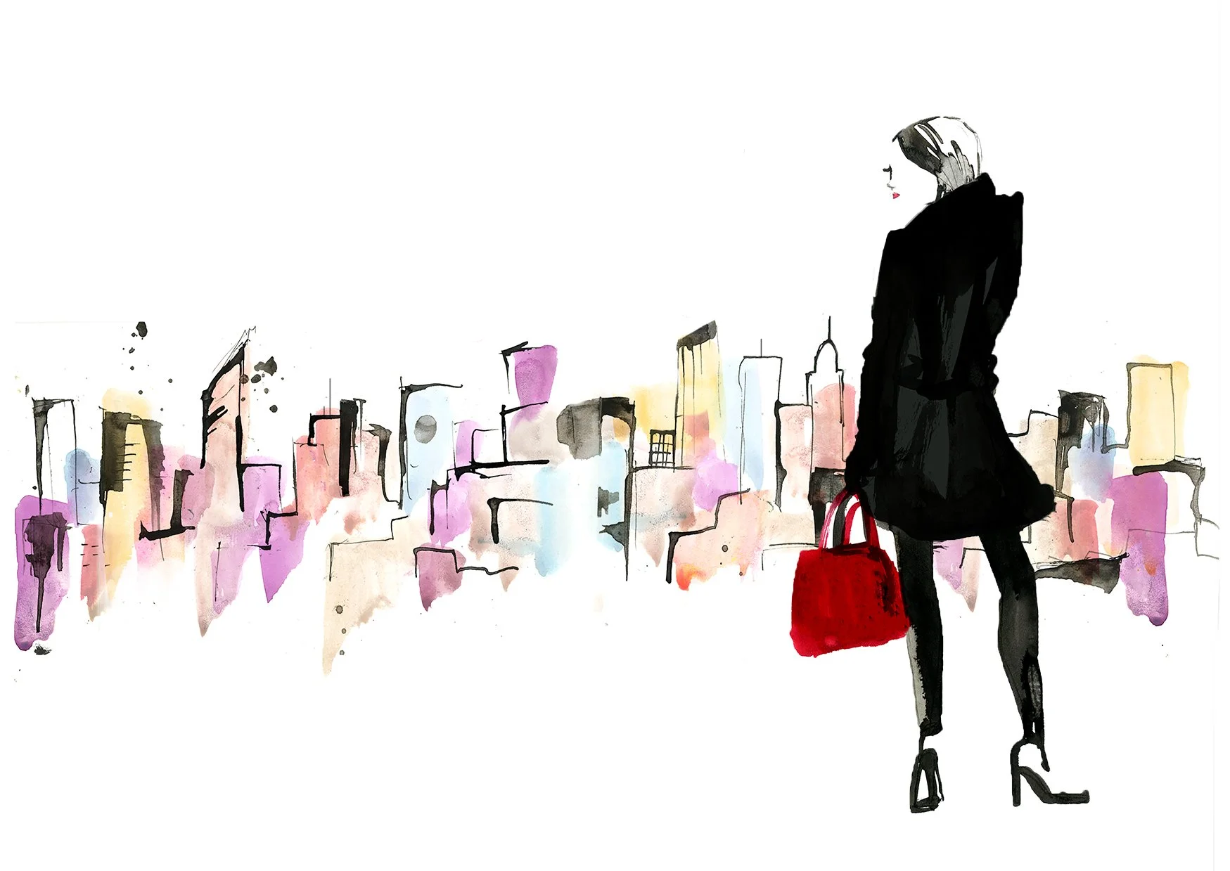 Fashion illustration by Danielle Rose Fisher of a woman in a black coat carrying a red bag against an abstract watercolor New York City skyline