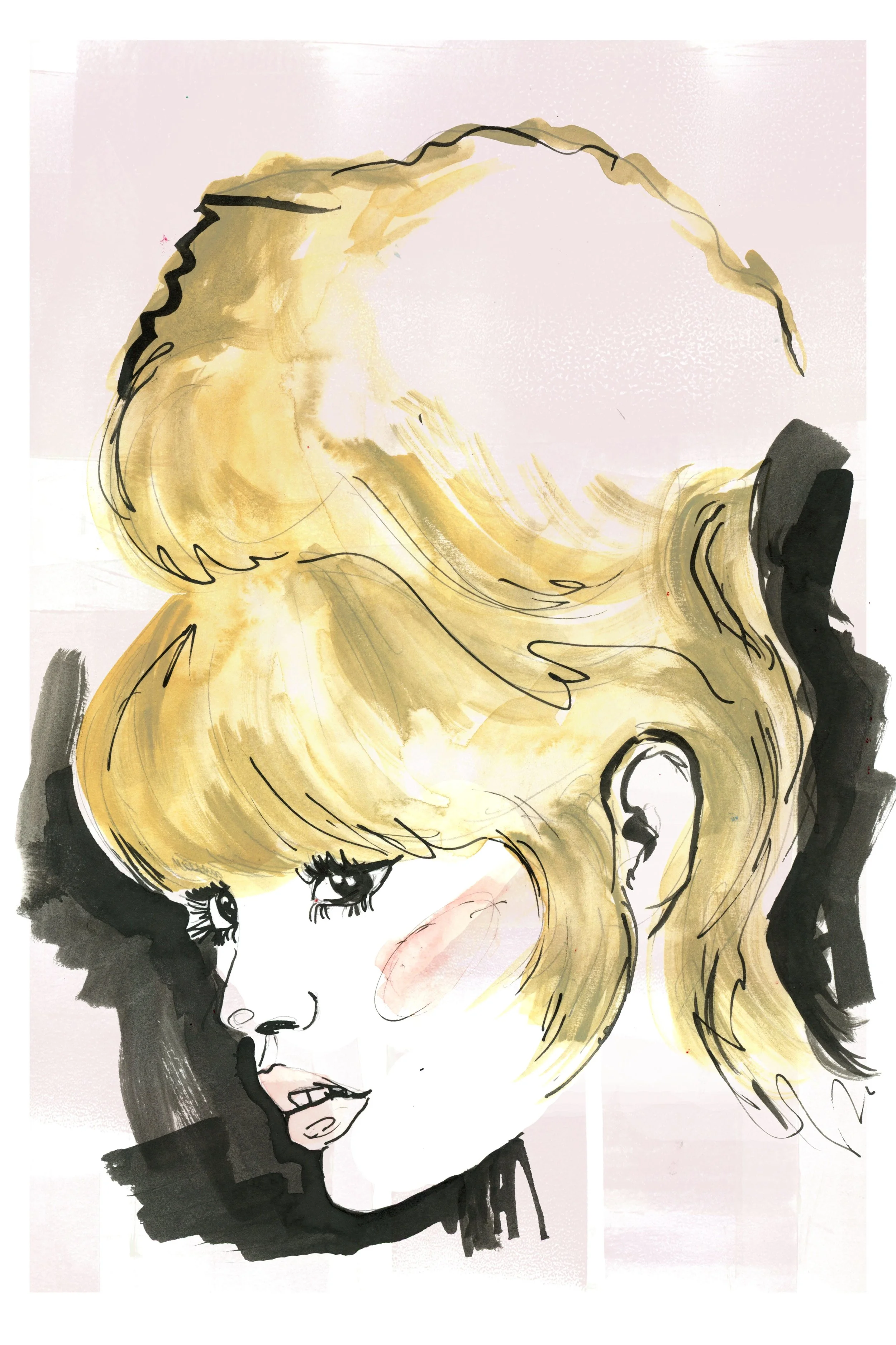Fashion and beauty watercolor illustration of a woman with a dramatic blonde updo.