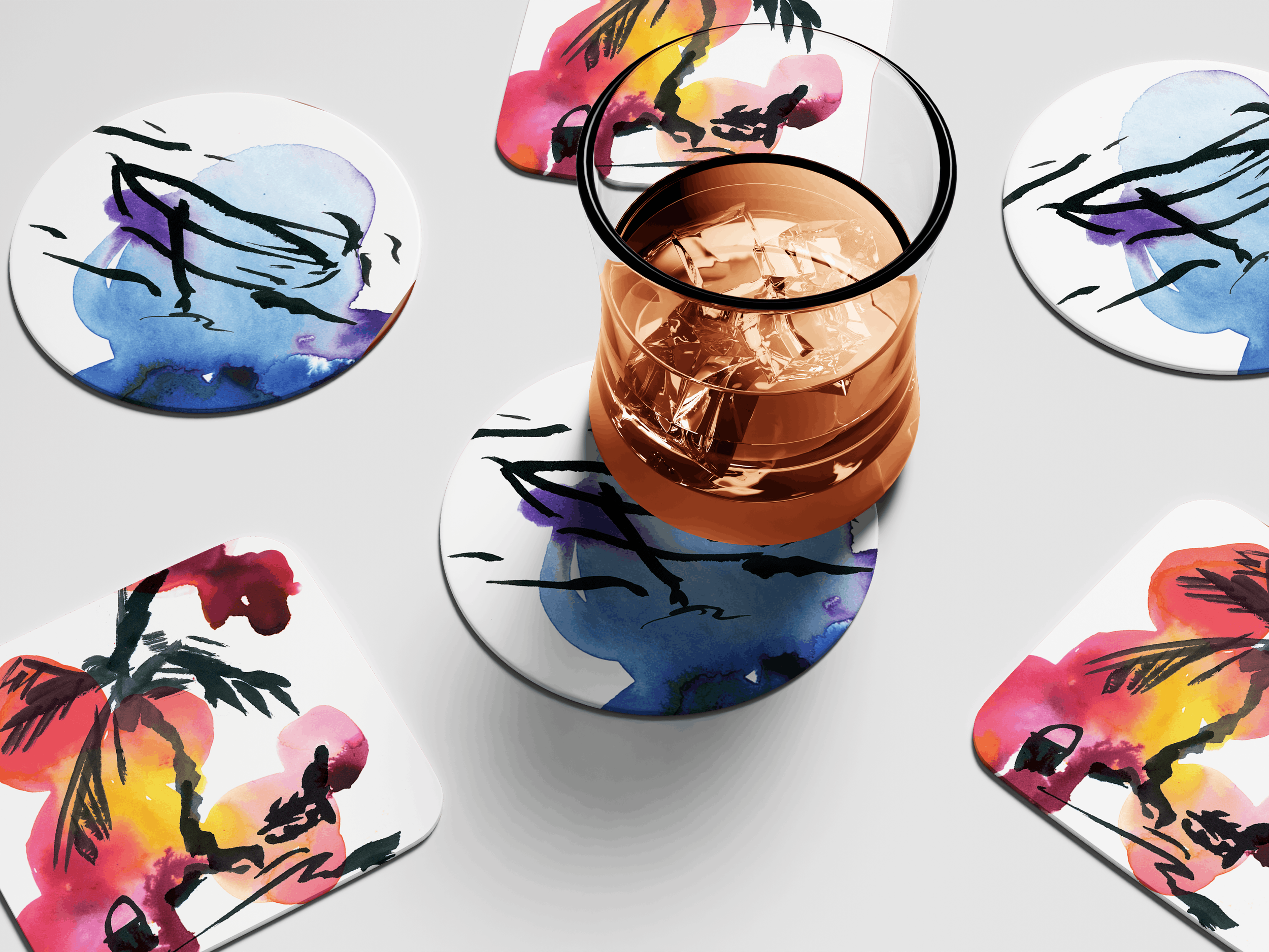 line art travel illustration of island scene watercolor art