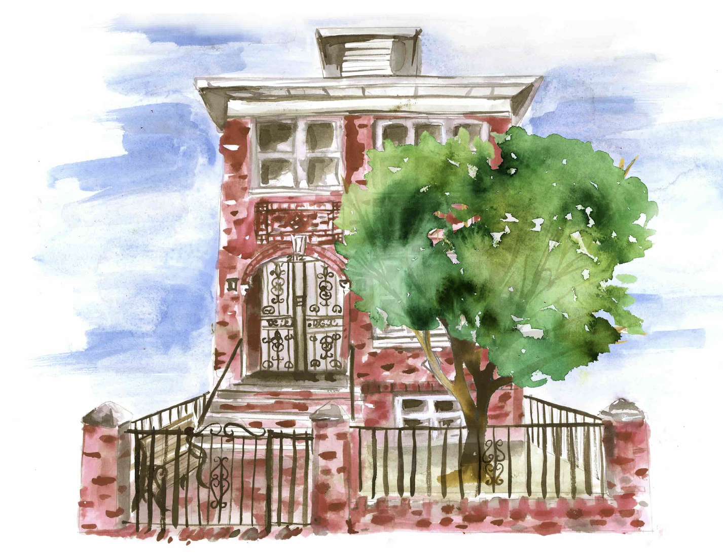 Watercolor cityscape illustration of New York architecture and streetscape.