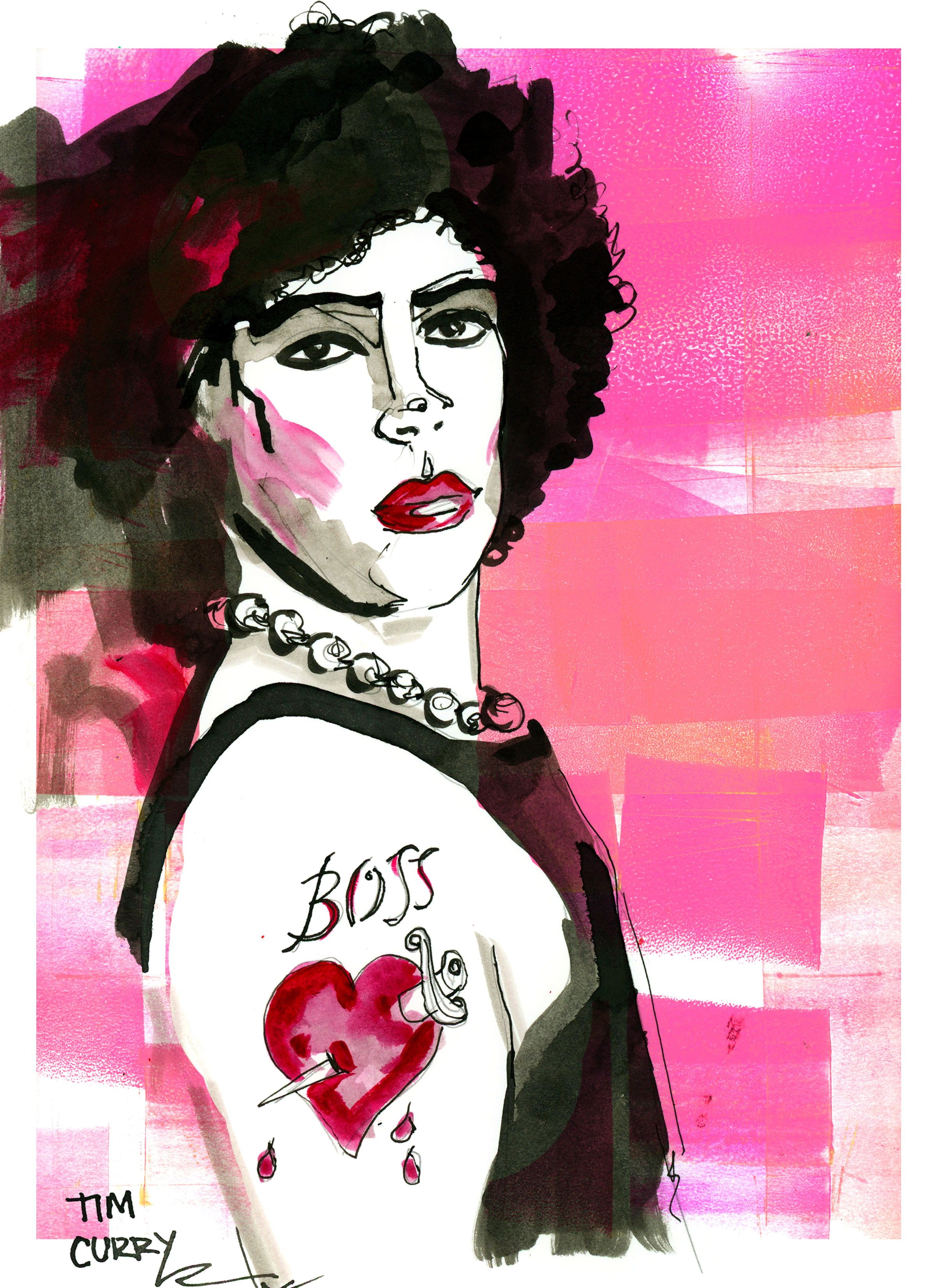 Expressive watercolor and ink portrait with a vivid pink background by Danielle Rose Fisher.