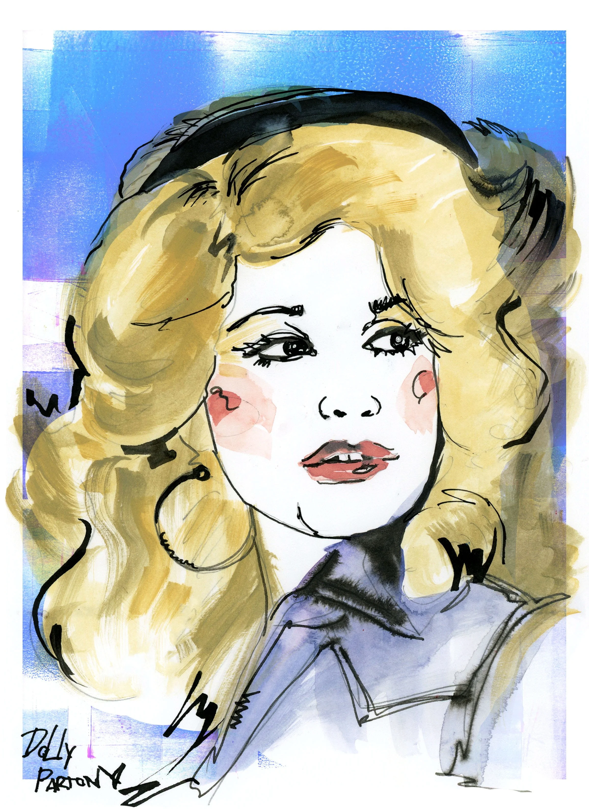 Watercolor fashion portrait of a blonde woman with voluminous hair, illustrated by Danielle Rose Fisher.