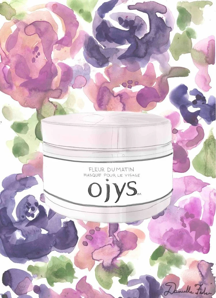 A series of botanical floral illustrations pairing each product with motifs drawn from its ingredients — lavender, chamomile, rose, green tea. Featured across the brand's website, social, and marketing materials.