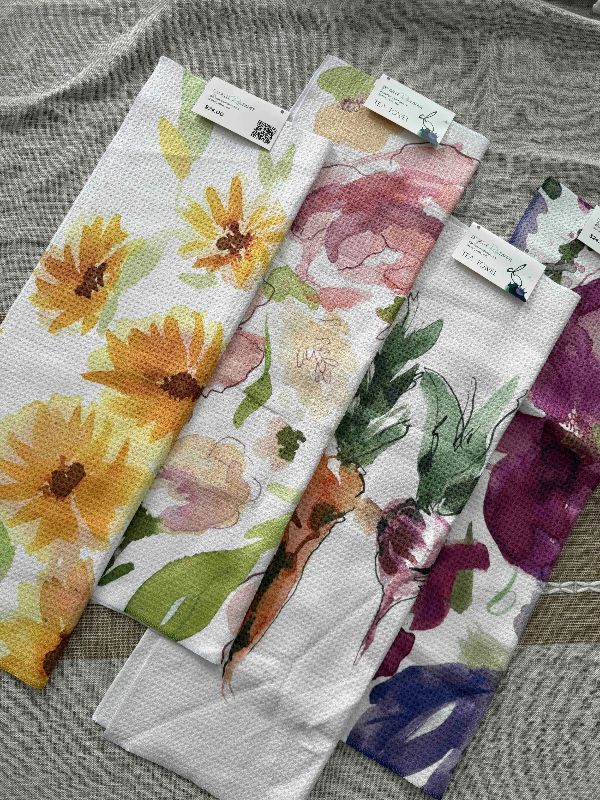 Watercolor floral pattern on tea towels — surface design and artwork licensing by Danielle Rose Fisher