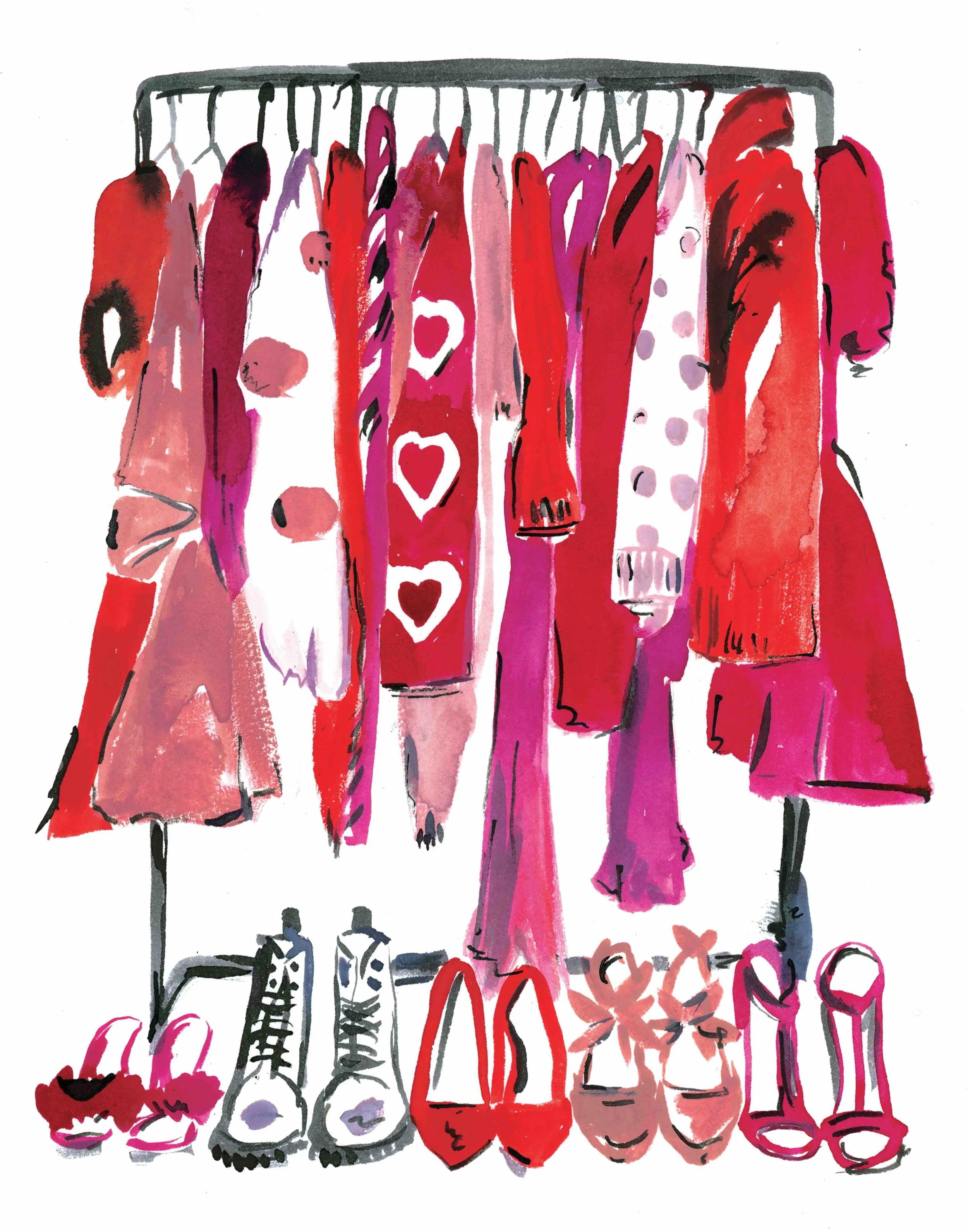 Watercolor fashion illustration of a clothing rack filled with red and pink garments, shoes and accessories.