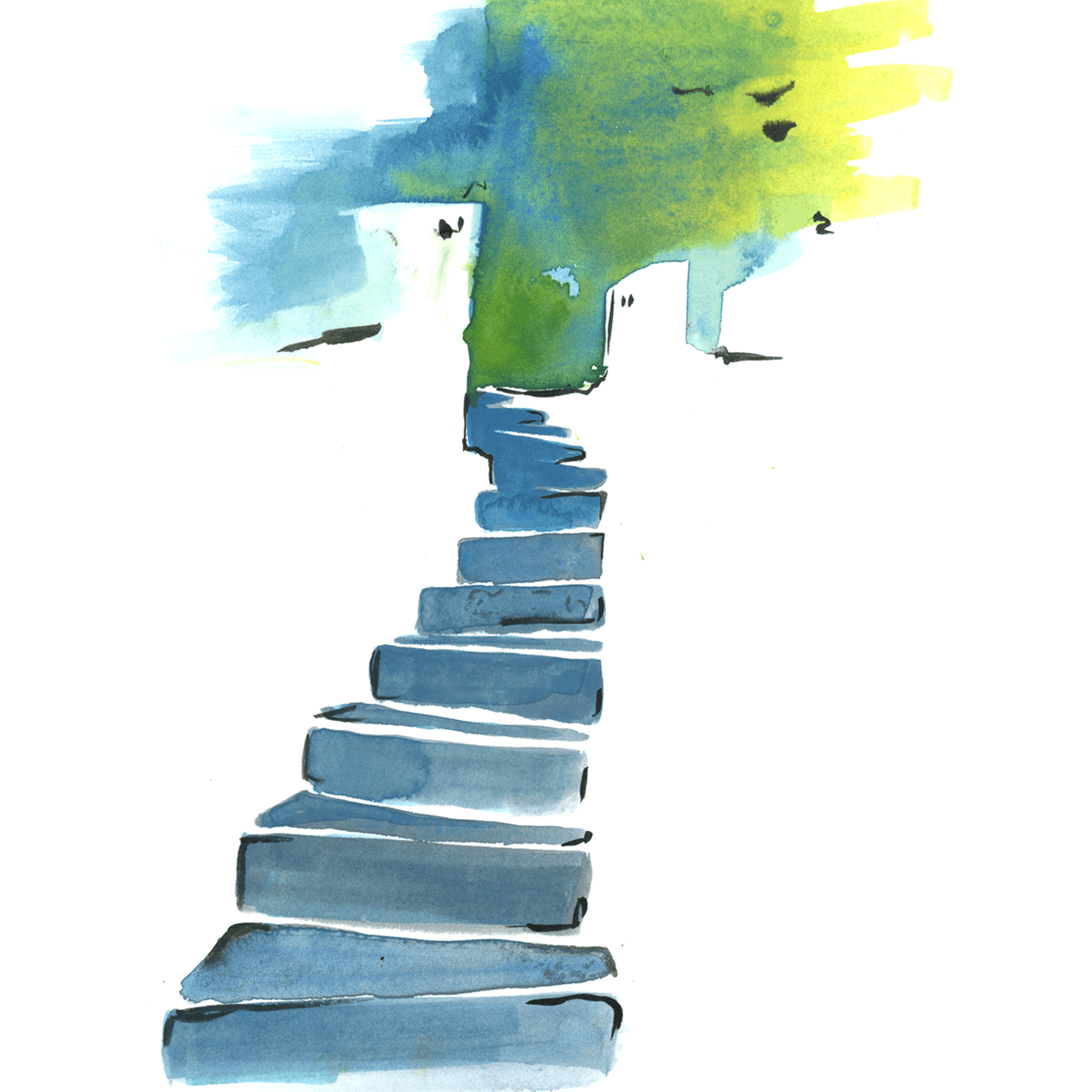 Minimal watercolor travel illustration of blue steps leading toward a green and blue landscape.