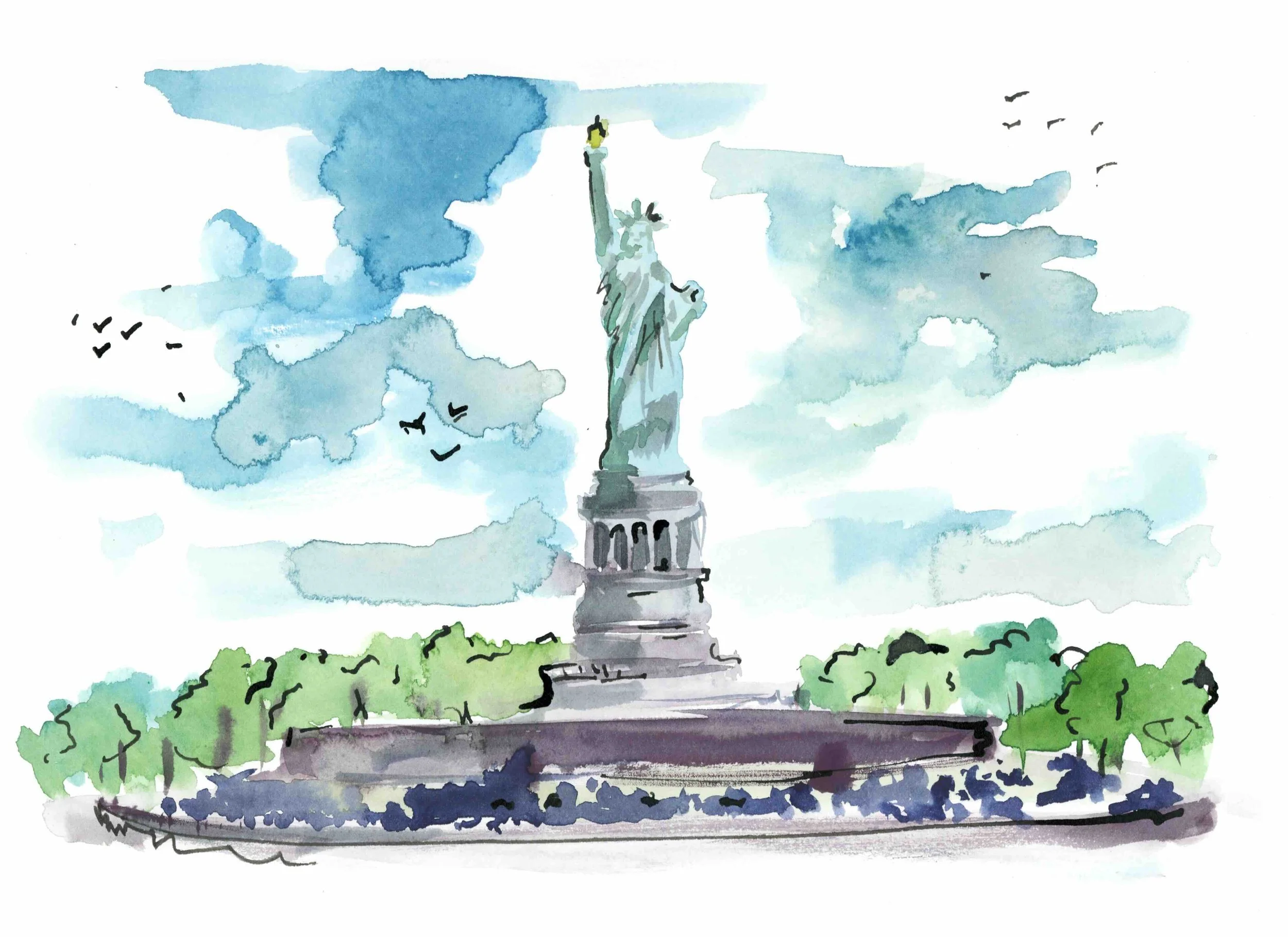 Watercolor illustration of the iconic Statue of Liberty, standing proudly in New York Harbor, symbolizing freedom and national heritage