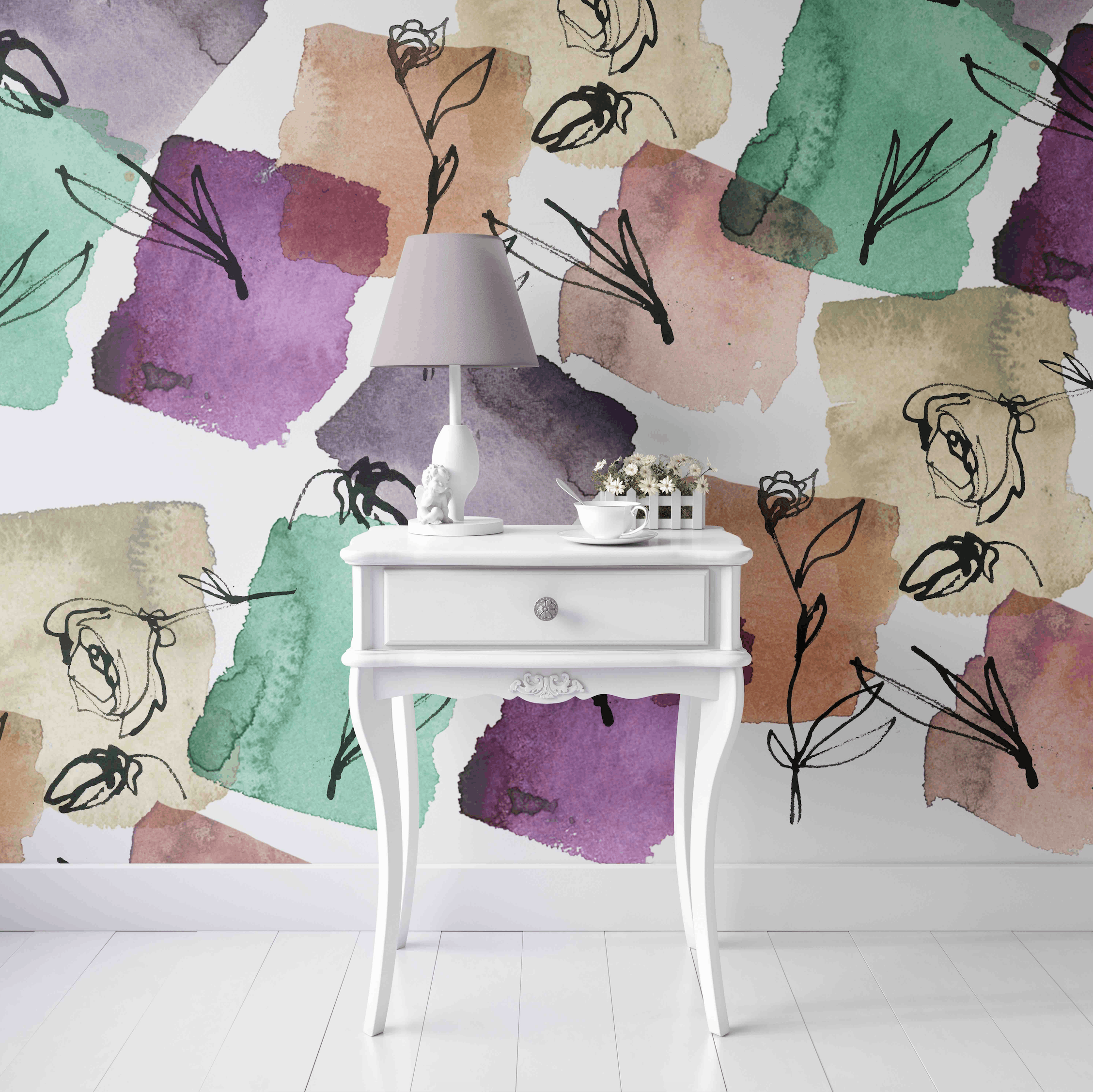 Custom mural and painted wall installation featuring abstract watercolor-inspired artwork.