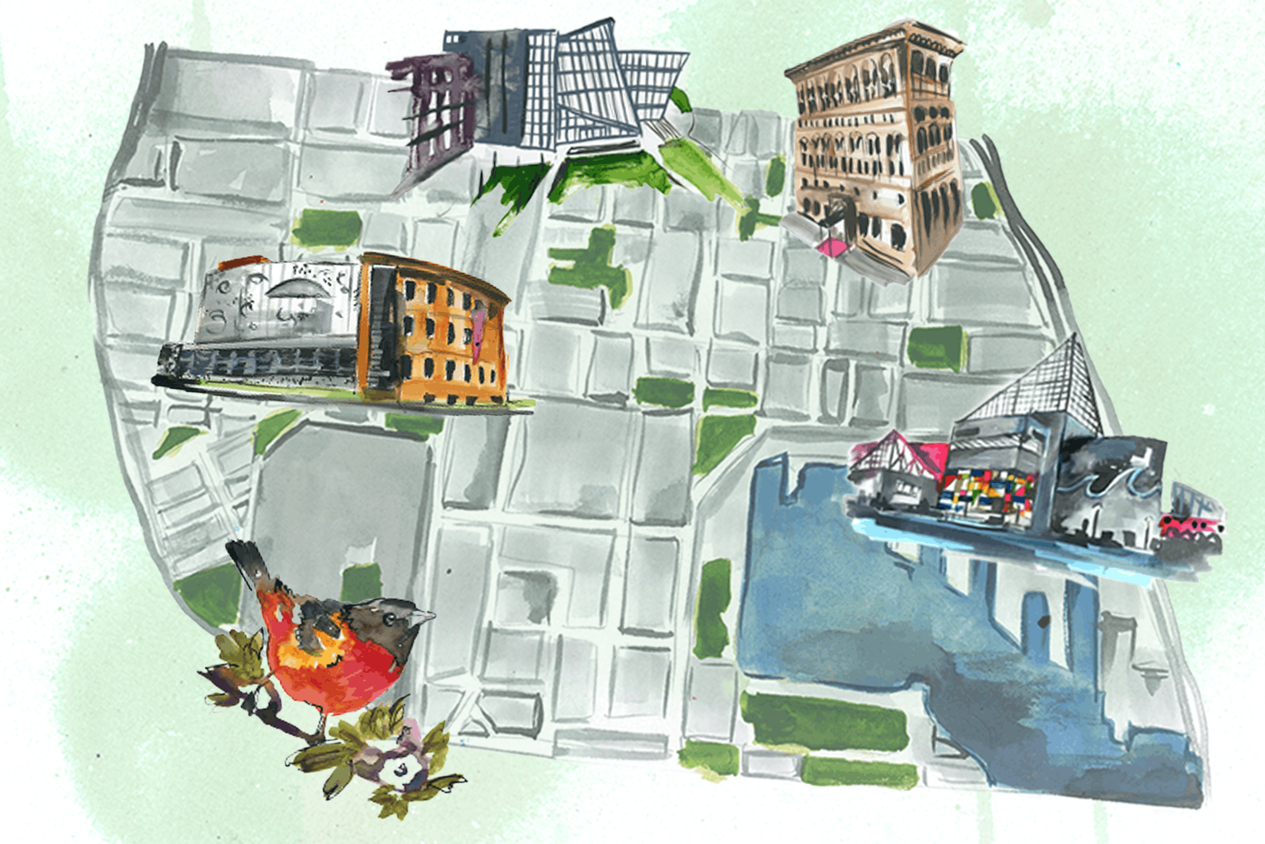 Illustrated city map featuring architecture, waterfront landmarks and local details by Danielle Rose Fisher.