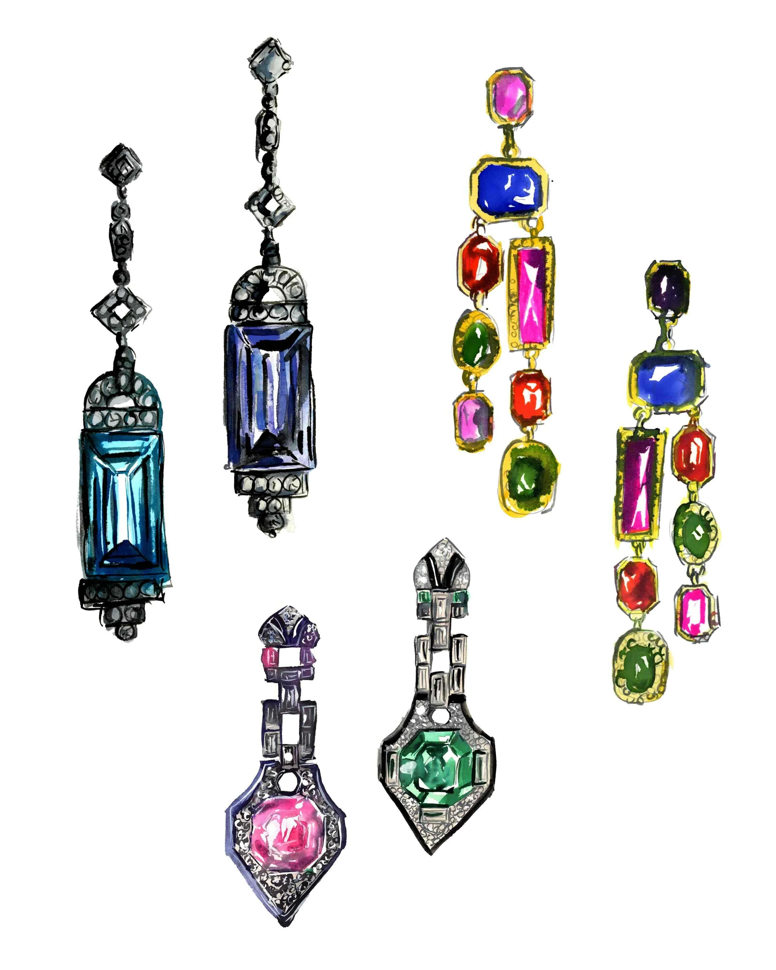 Watercolor and gouache illustration of elegant
Art Deco earrings with intricate geometric details
