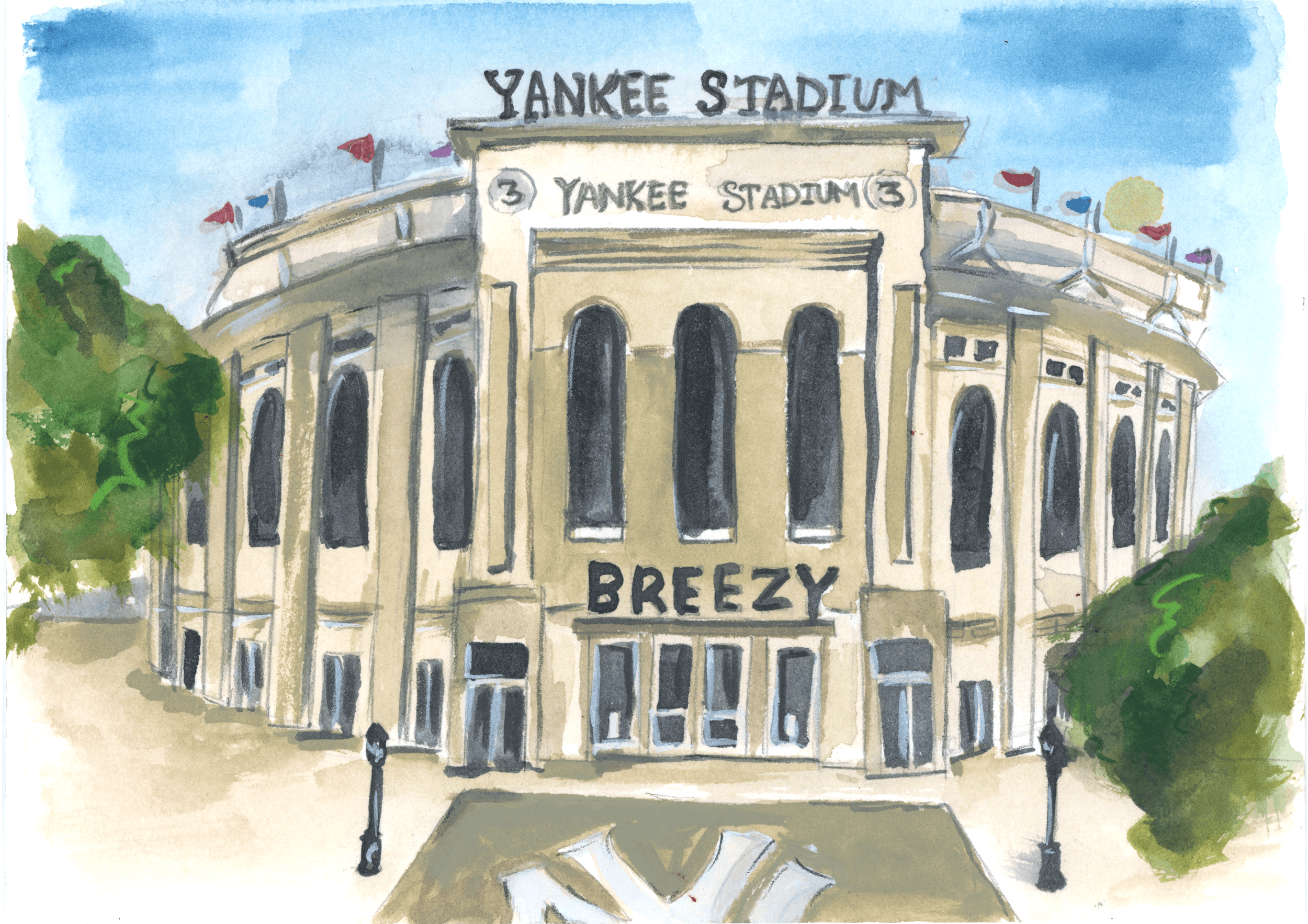 Watercolor illustration of the Yankee Stadium exterior, with its arched windows and rooftop flags, by Danielle Rose Fisher