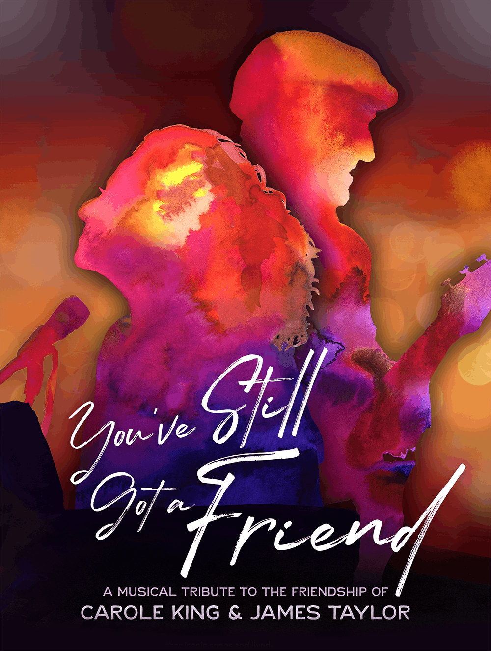 Key art poster for "You've Still Got a Friend," GFOUR Productions' world premiere at Theatre By The Sea — watercolor illustration by Danielle Rose Fisher of Carole King and James Taylor in warm sunset tones