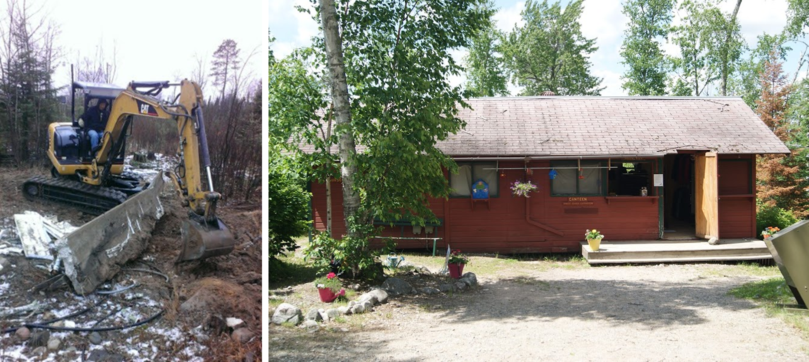 On the left: Dale Gustafson on site removing the old foundation from the Program Director's house. On the right: Camp Vermilion's Canteen/Health Care Center, which will be removed this winter.