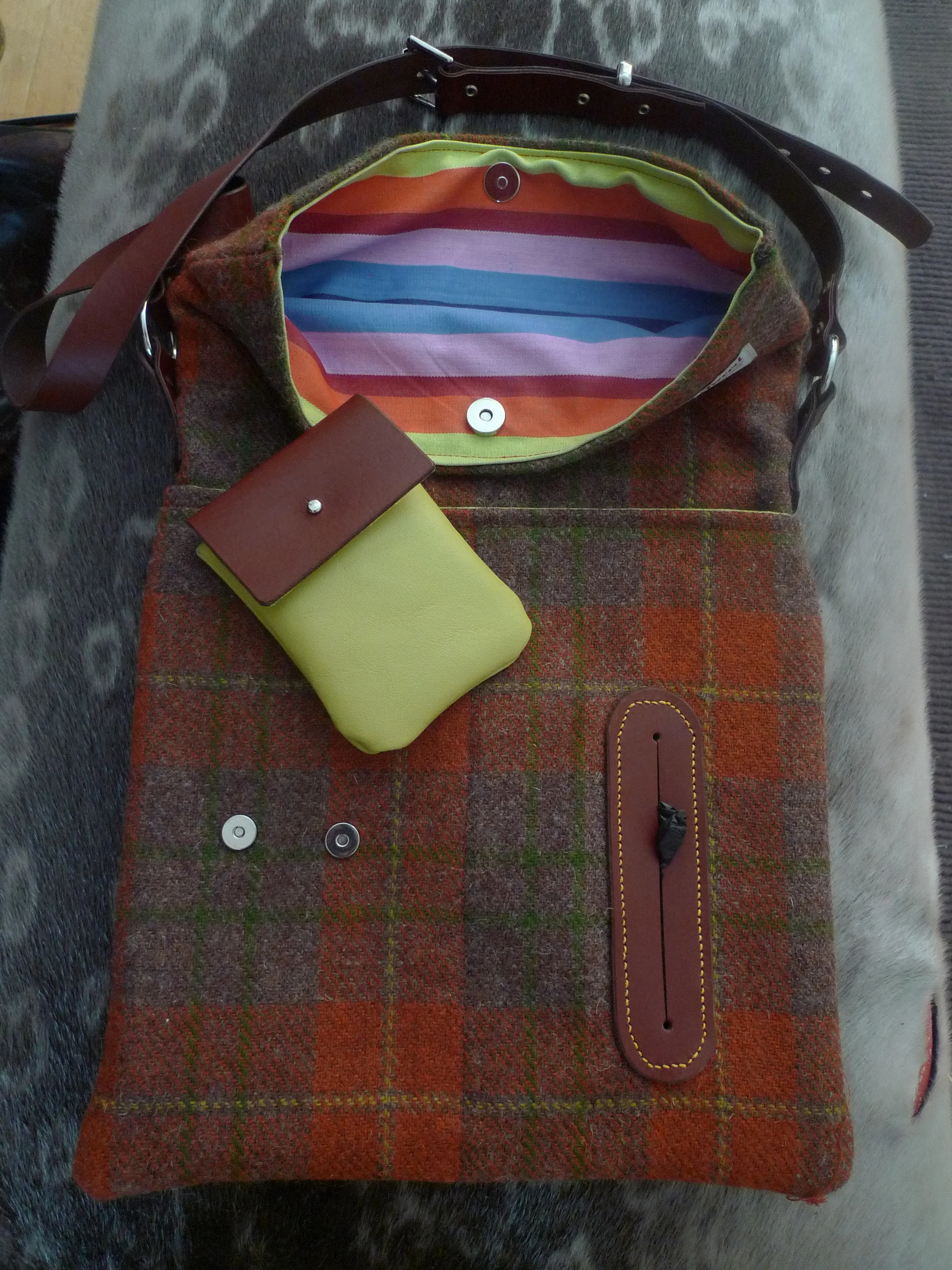 Brown, burnt orange and green tartan Harris Tweed bag