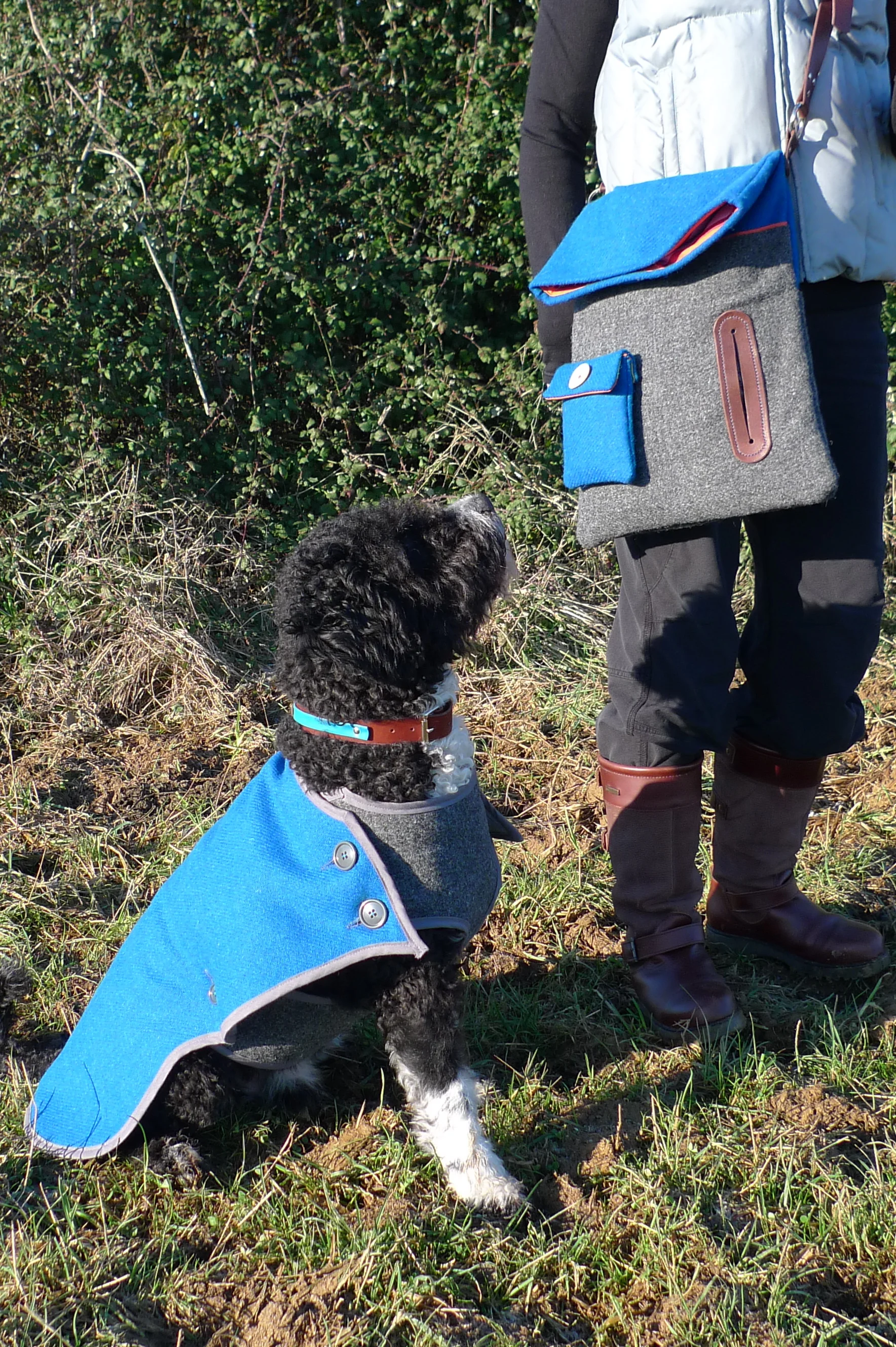 Blue and grey Harris tweed bag and coat with colour coordinated city collection collar