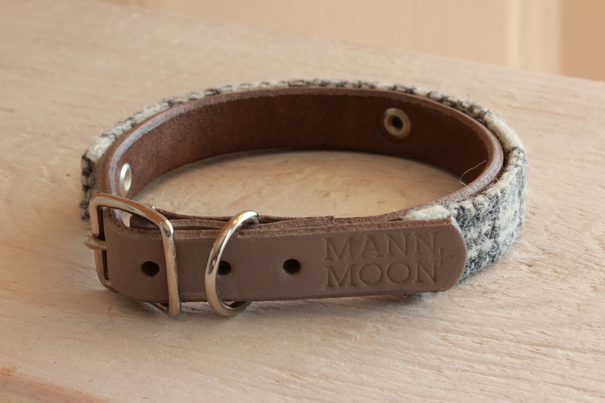 Limited edition stone leather and white and grey Harris Tweed