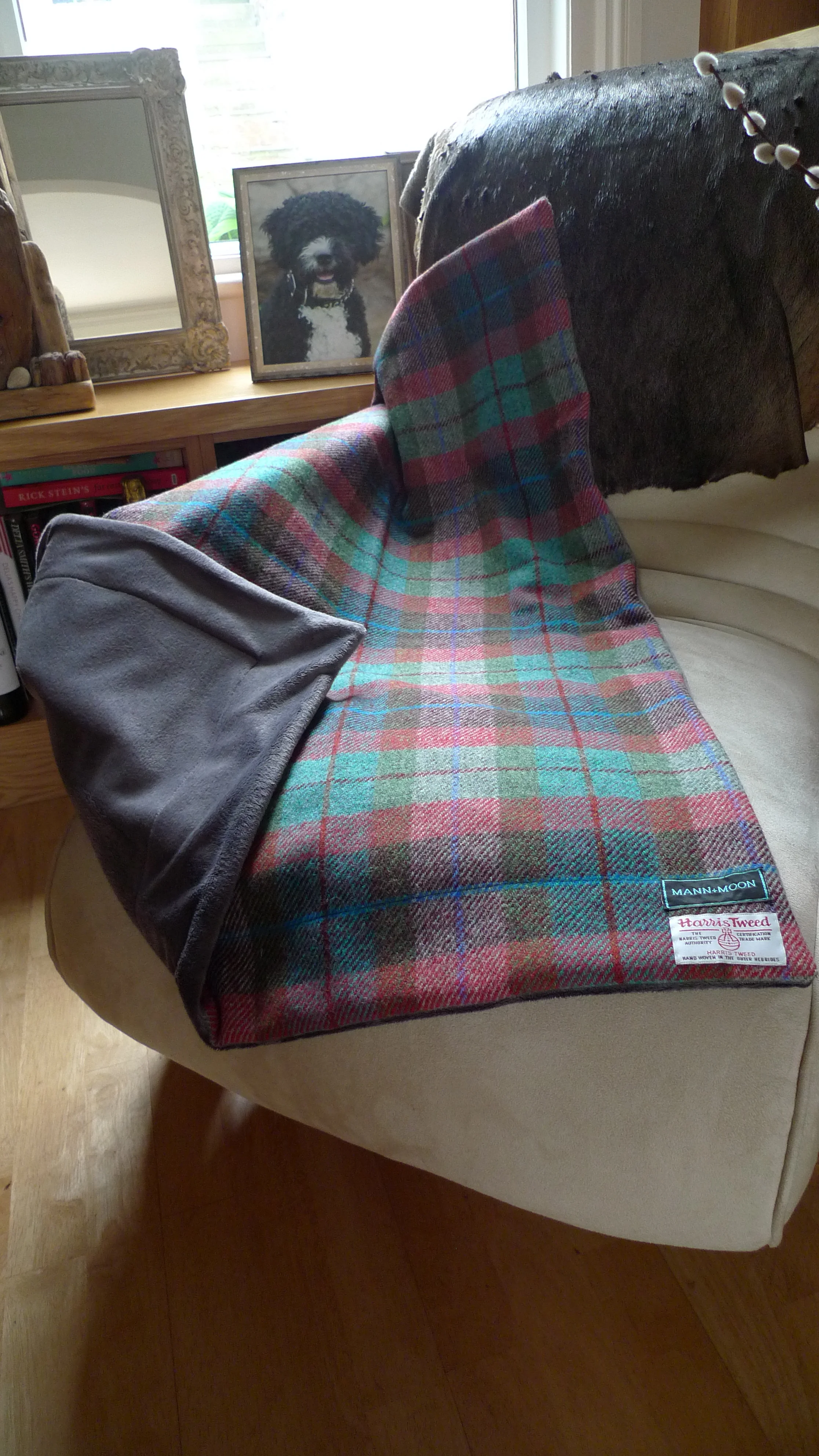 Turquoise, red and brown Harris Tweed and grey velboa throw