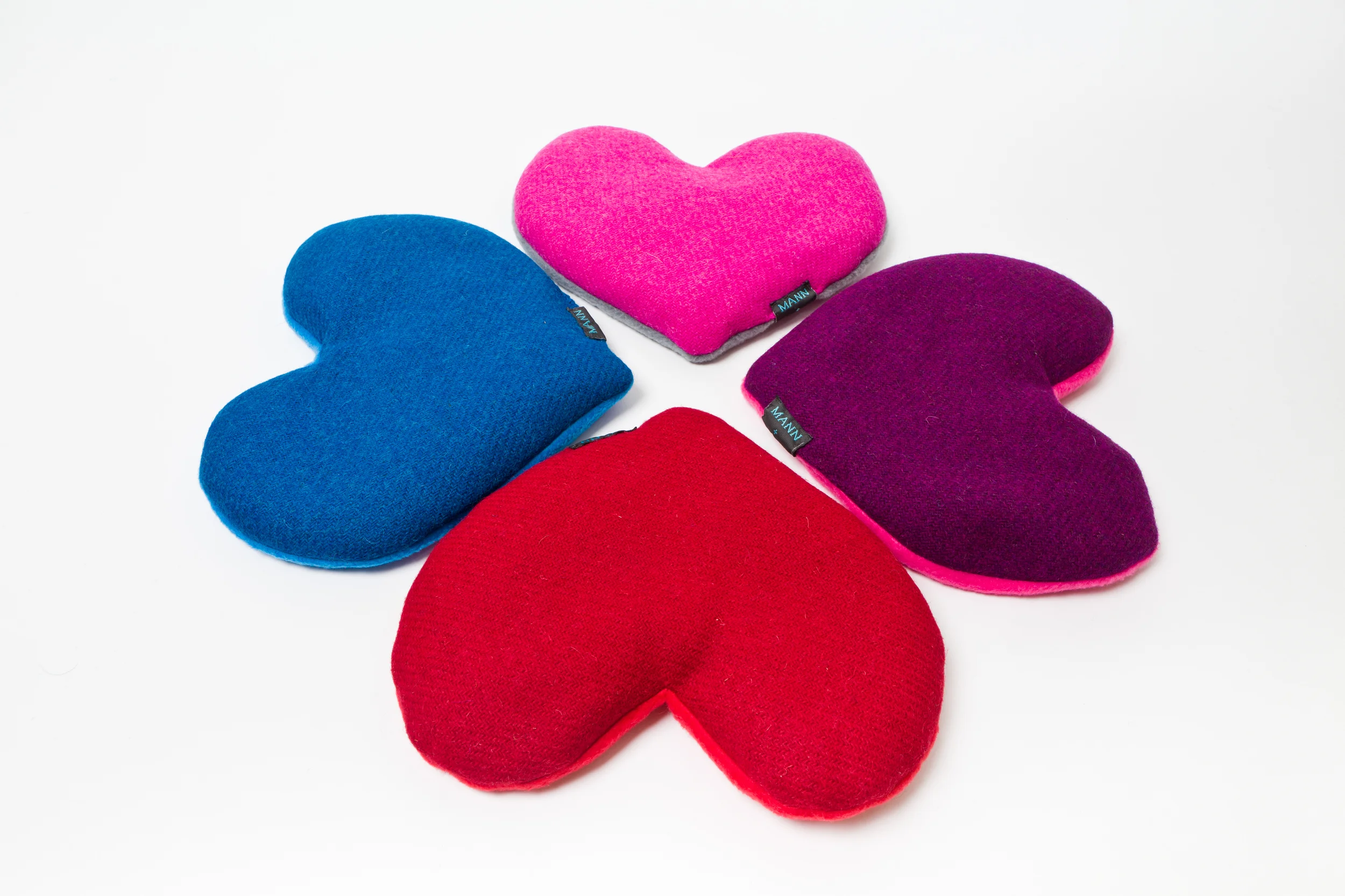 Red, cobalt blue, pink and purple Harris Tweed Heart heat pads