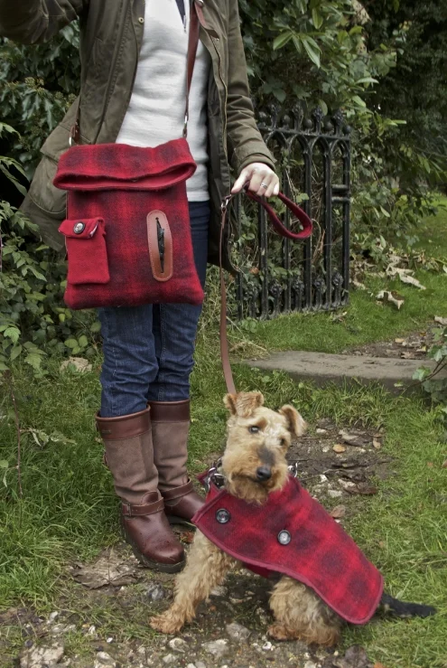 Matching red tartan Harris tweed bag, coat, collar and lead