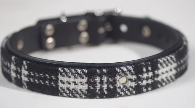 Black and White Tartan Harris Tweed on black leather