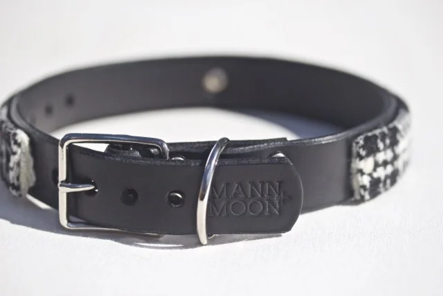 Black and White tartan Harris Tweed on black leather