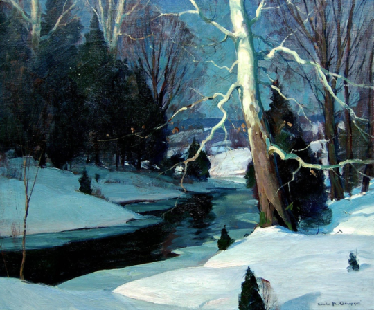"Winter at Woodstock, NY," by Emile Gruppe. Oil paint, c. 1920.