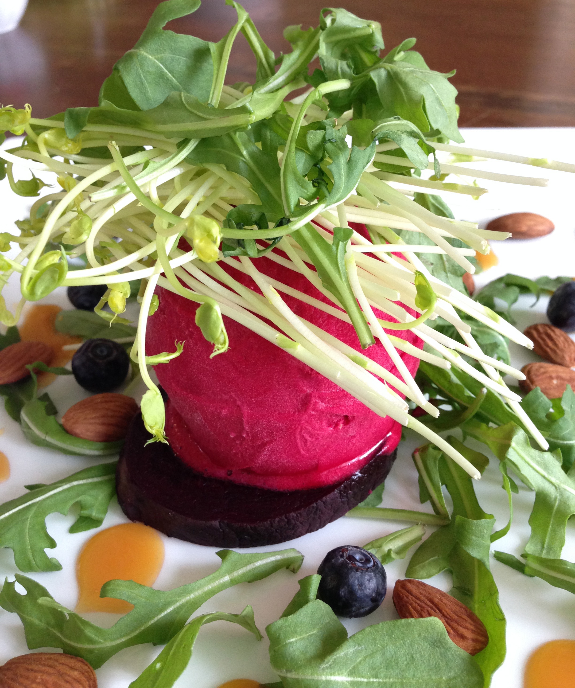 Beet Sorbet with Arrugula & Pea Shoots