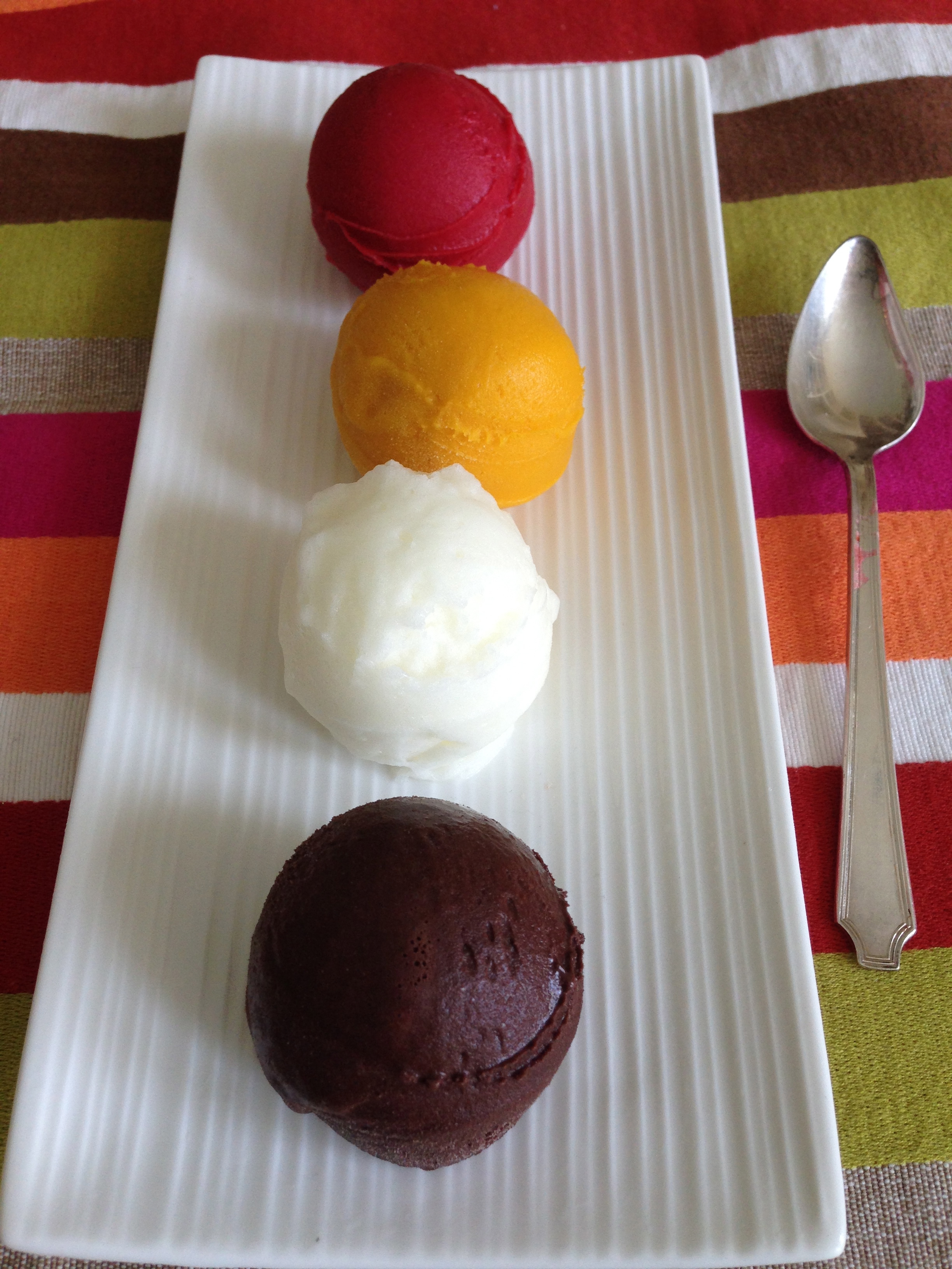 The Tried and True Favourites : Raspberry, Alfonso Mango, Sicilian Lemon Sorbet. Devil's Chocolate Gelato