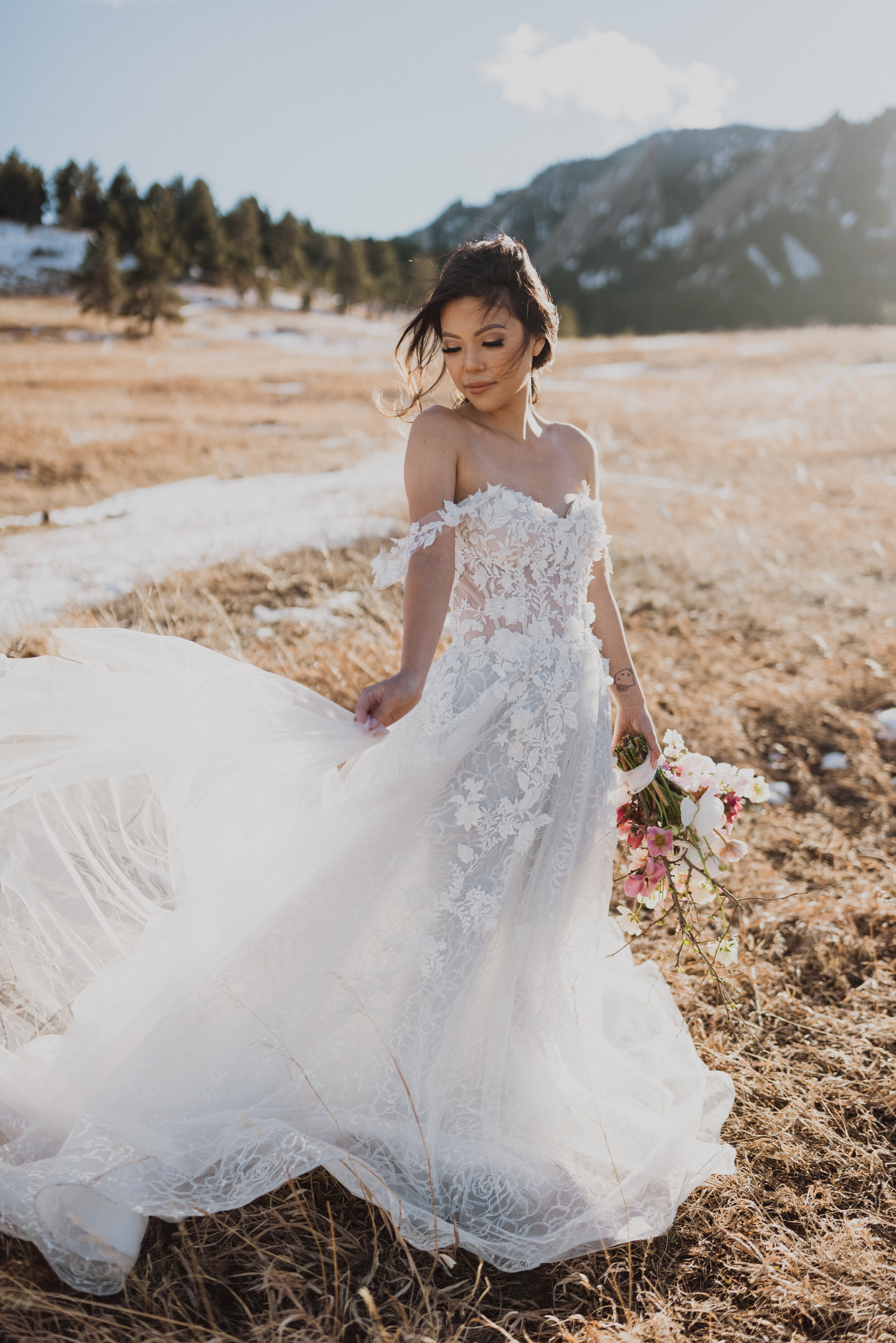  Colorado mountaintop styled elopement in Dany Tabet Flora wedding dress 
