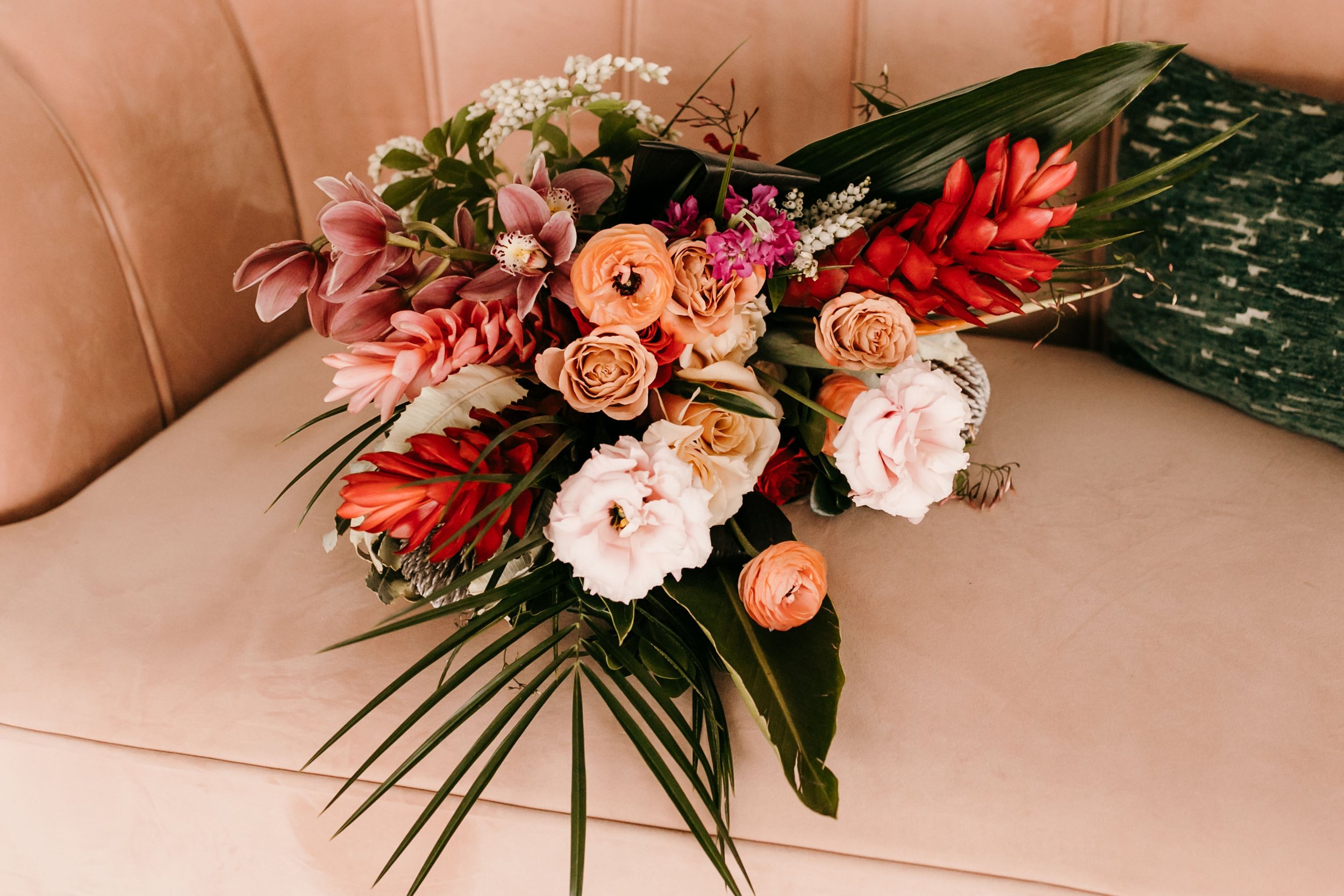 tropical bouquet with palms bridal inspiration