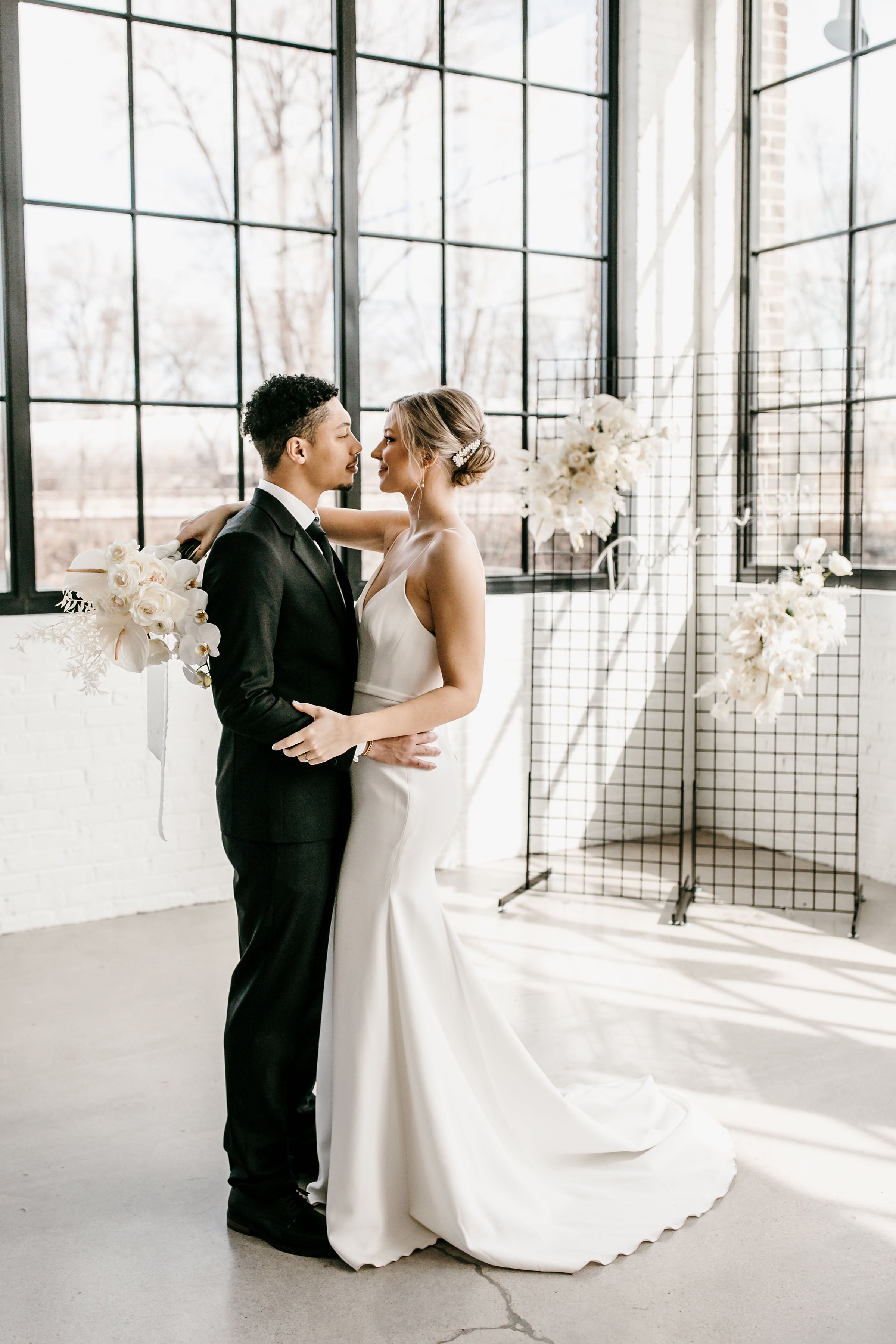 modern black and white wedding inspiration featuring alex perry wedding dress