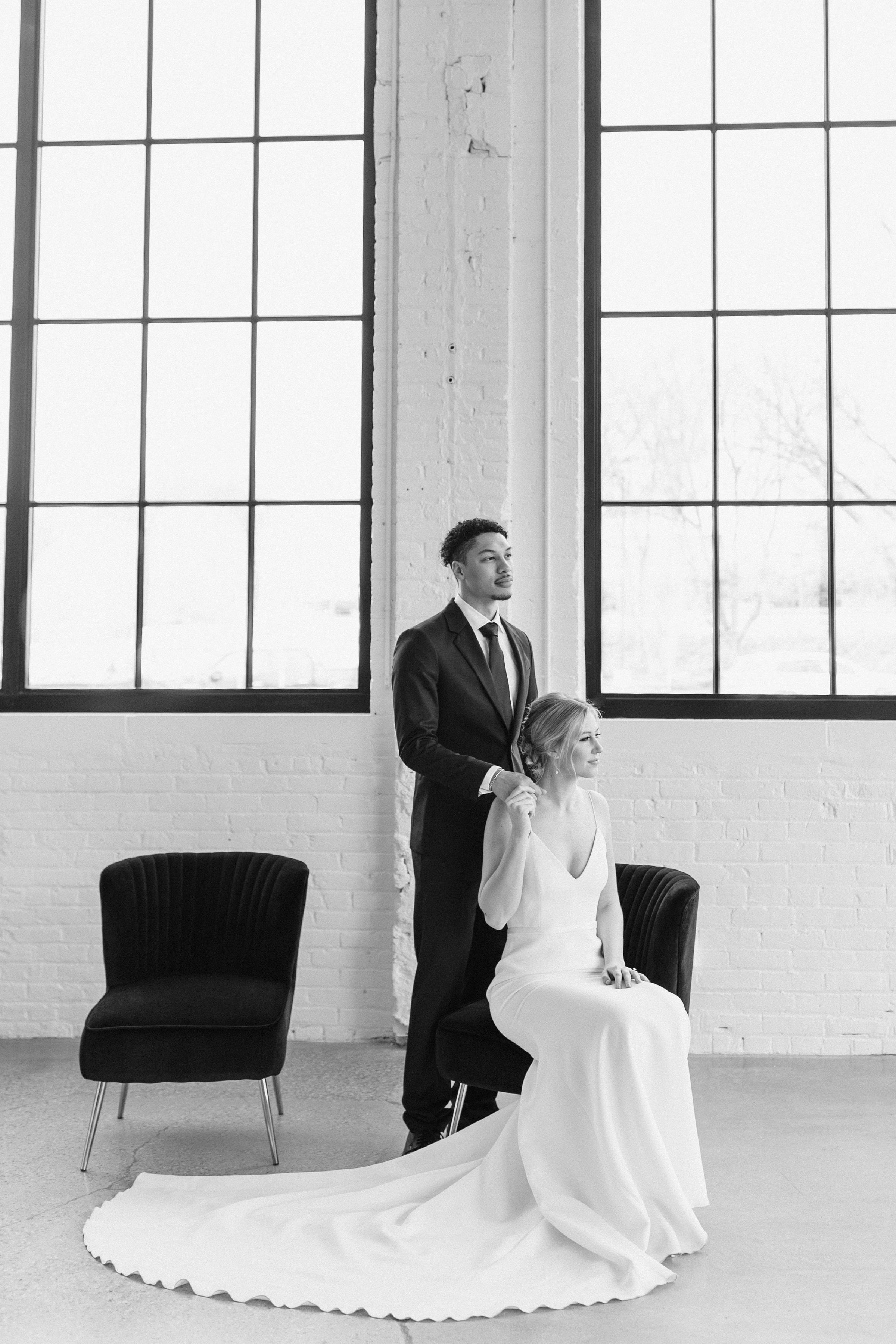 modern black and white wedding inspiration featuring alex perry wedding dress