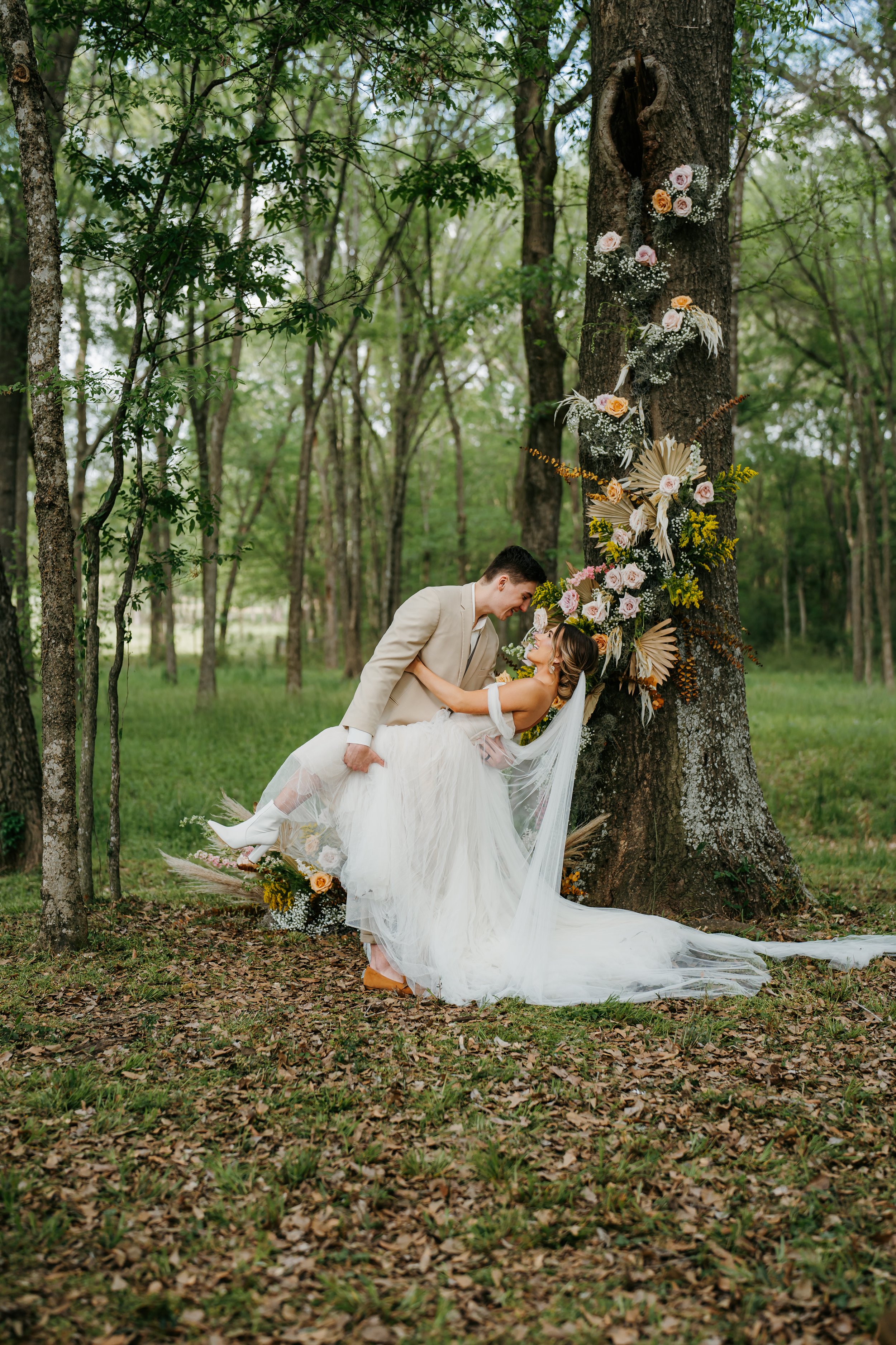 romantic aline wedding dress in a fairy garden styled wedding