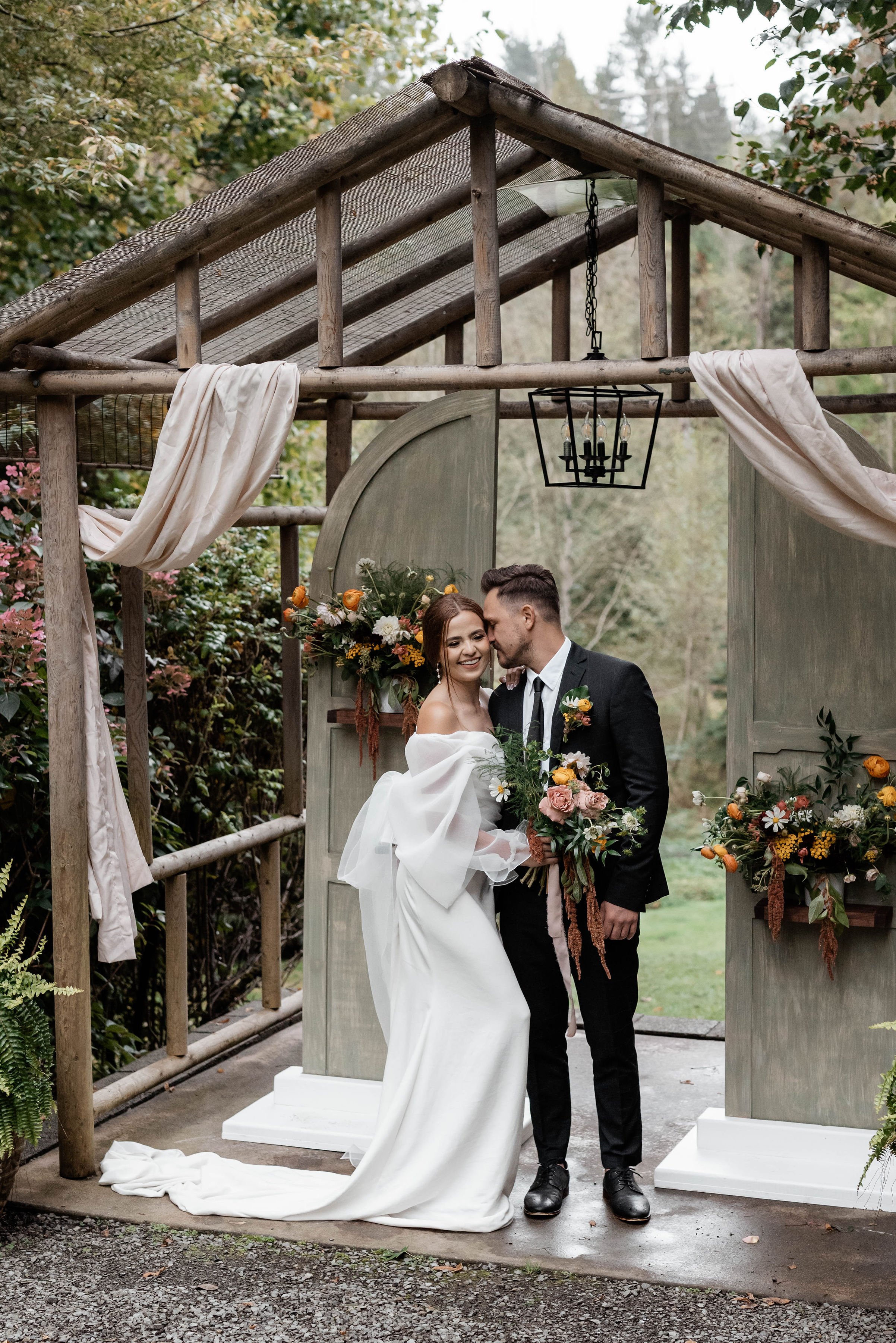 romantic styled wedding in washington featuring a crepe wedding dress.