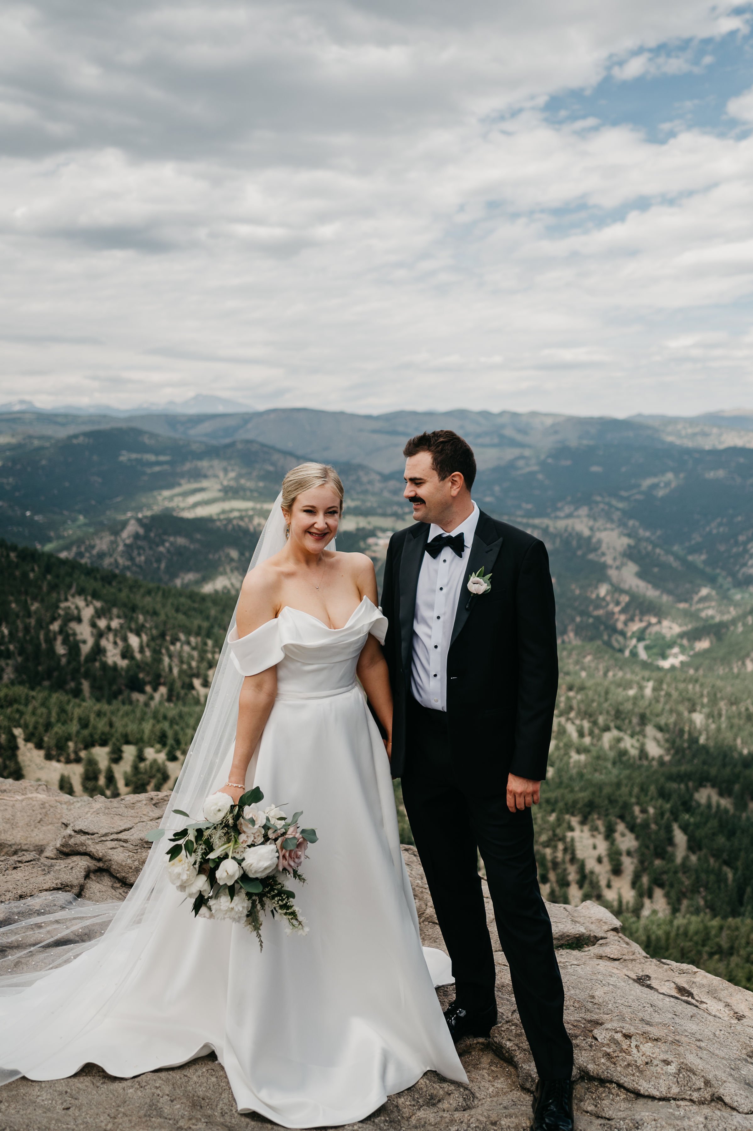 a classic satin ballgown with cowl neckline by hera couture in this real mountain top wedding