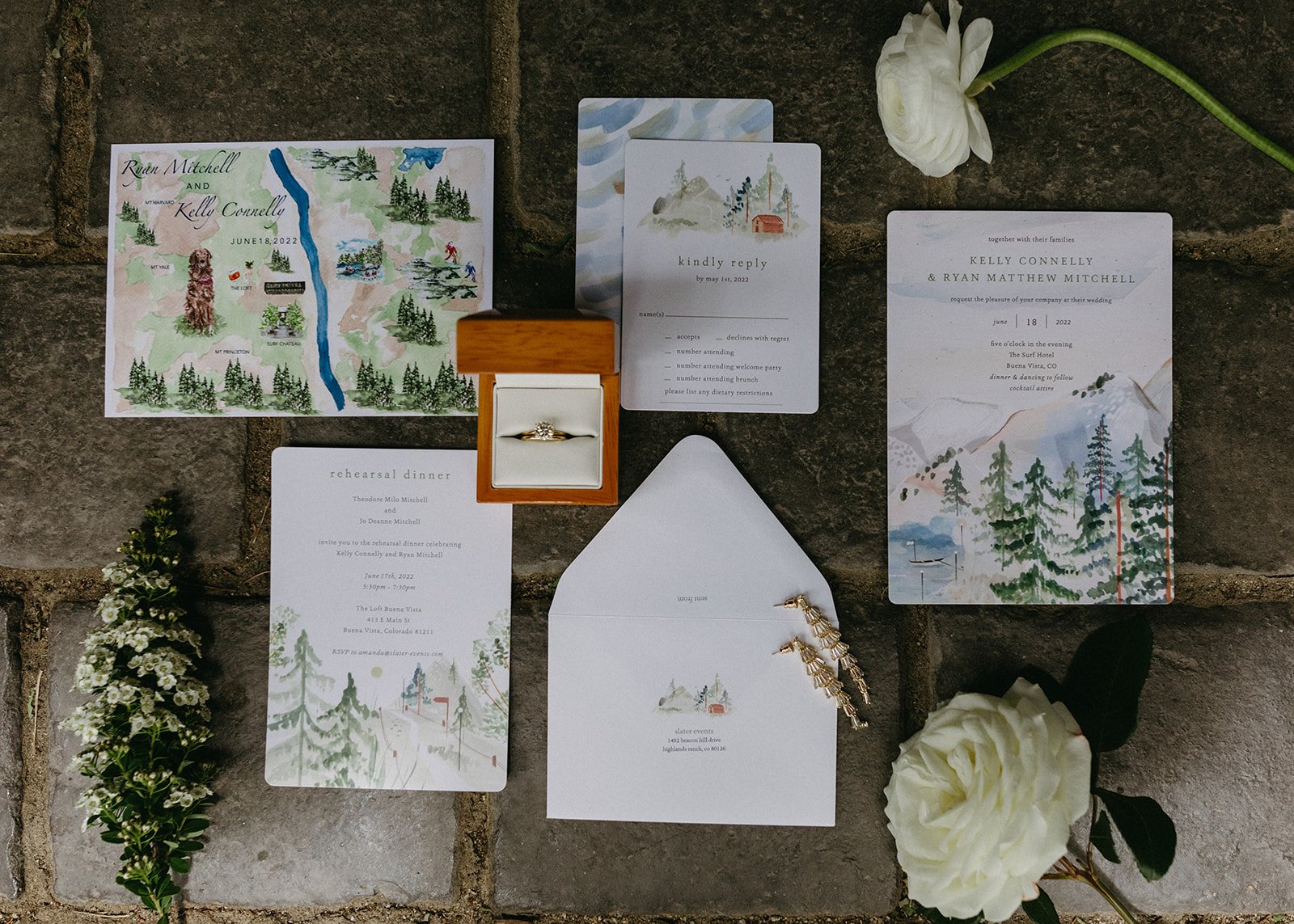 classic colorado wedding invitations featuring a watercolor map of the mountains