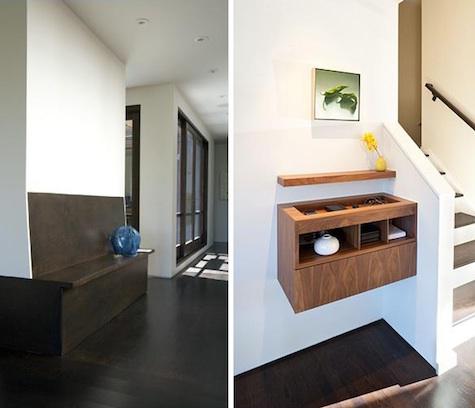 "An entryway in a San Francisco flat by J. Weiss Design features a built-in storage bench. Above R: In another J. Weiss Design project, a custom wall unit provides storage for incidentals." Original Story | Remodelista